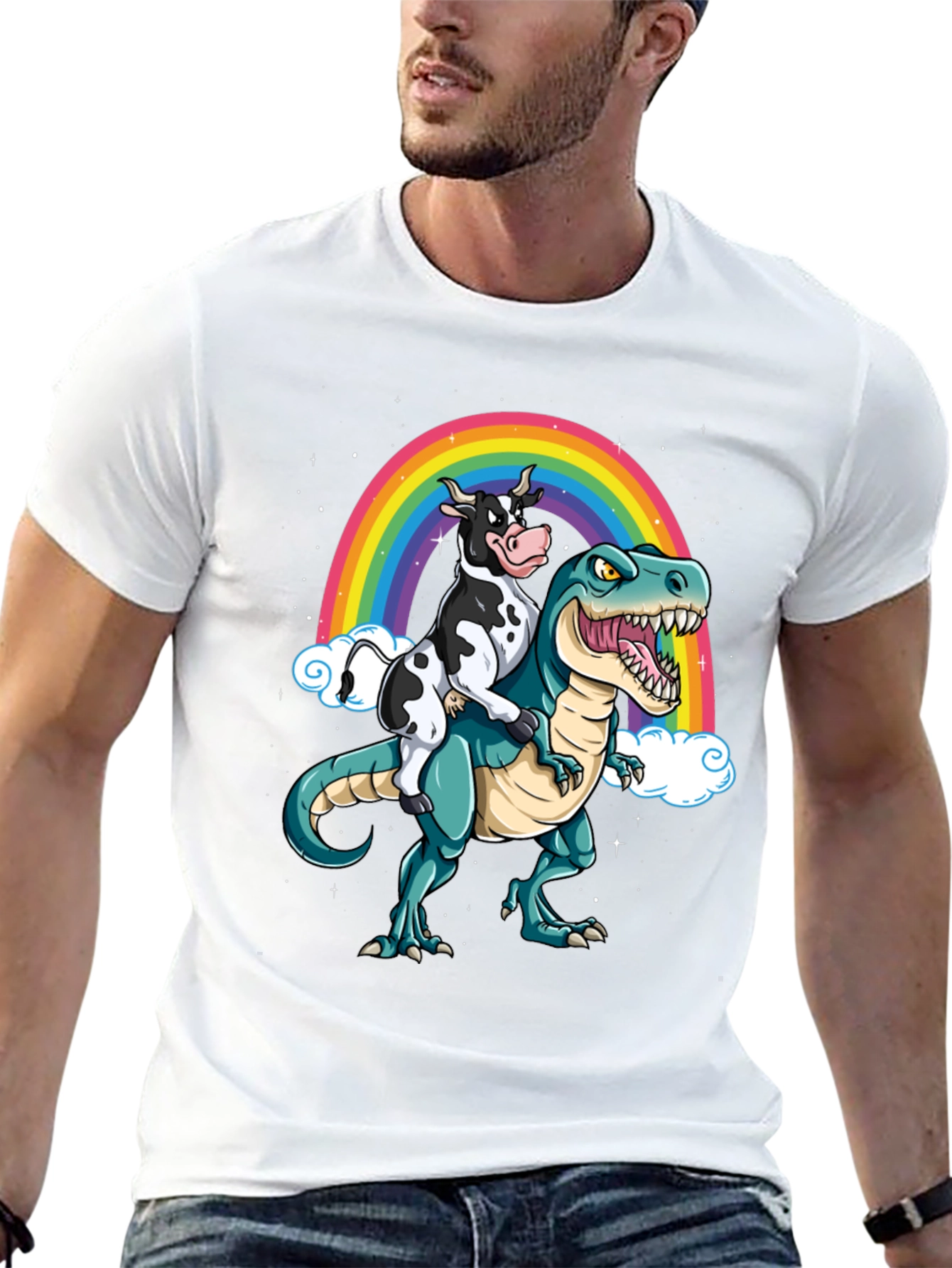Cow Riding Dinosaur Rainbow T-Shirt