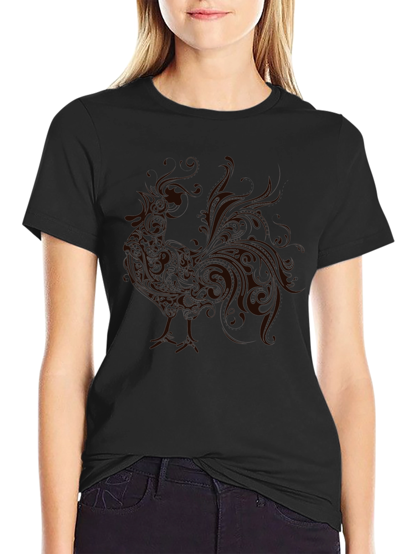 Mens Black T-Shirt with Rooster Graphic