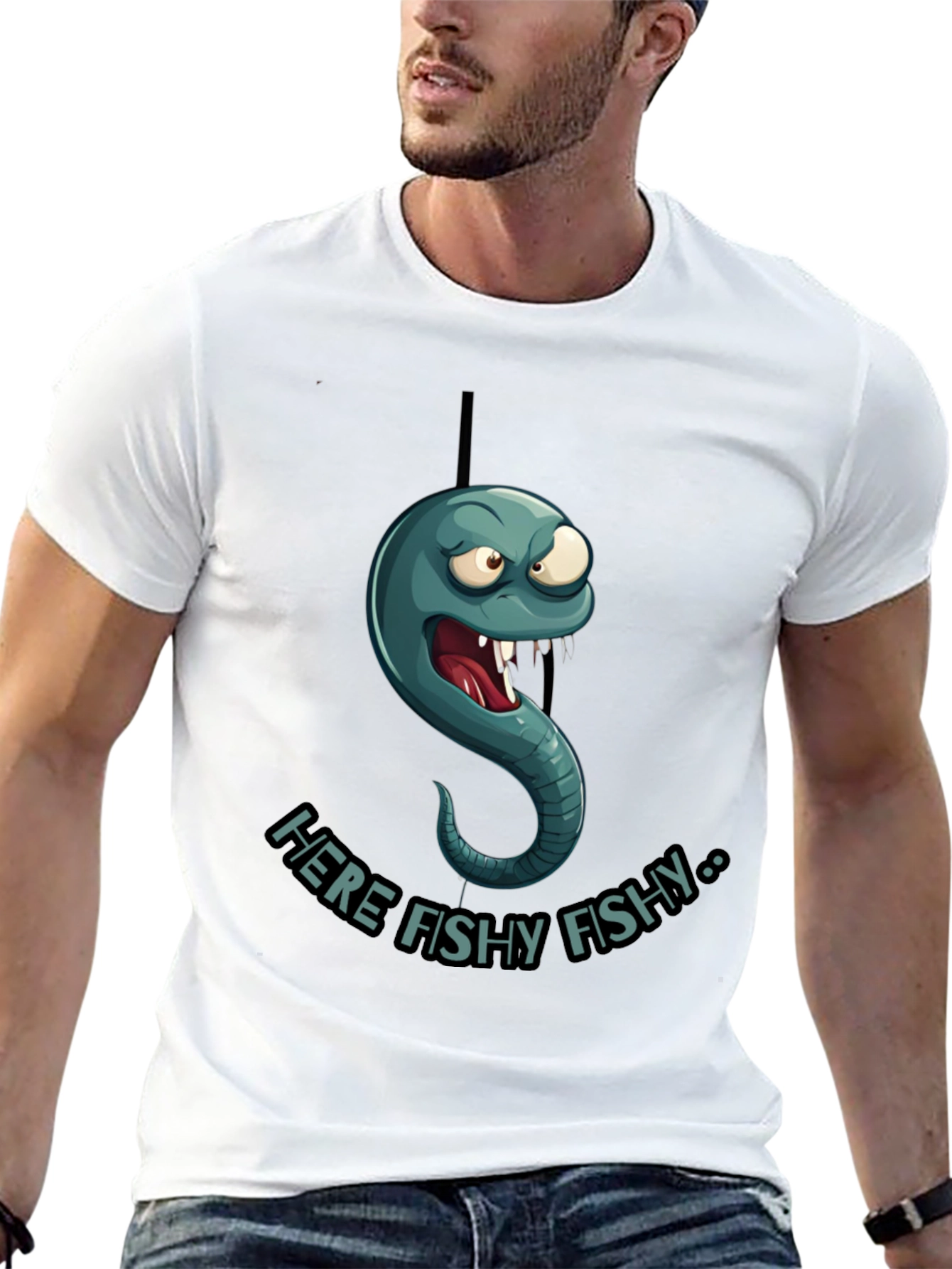 Here Fishy Fishy Worm Graphic T-Shirt