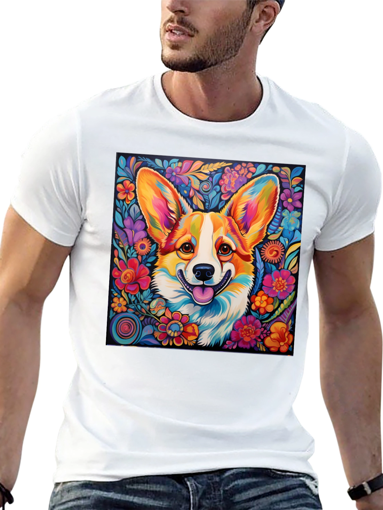 Vibrant Corgi Floral T-Shirt