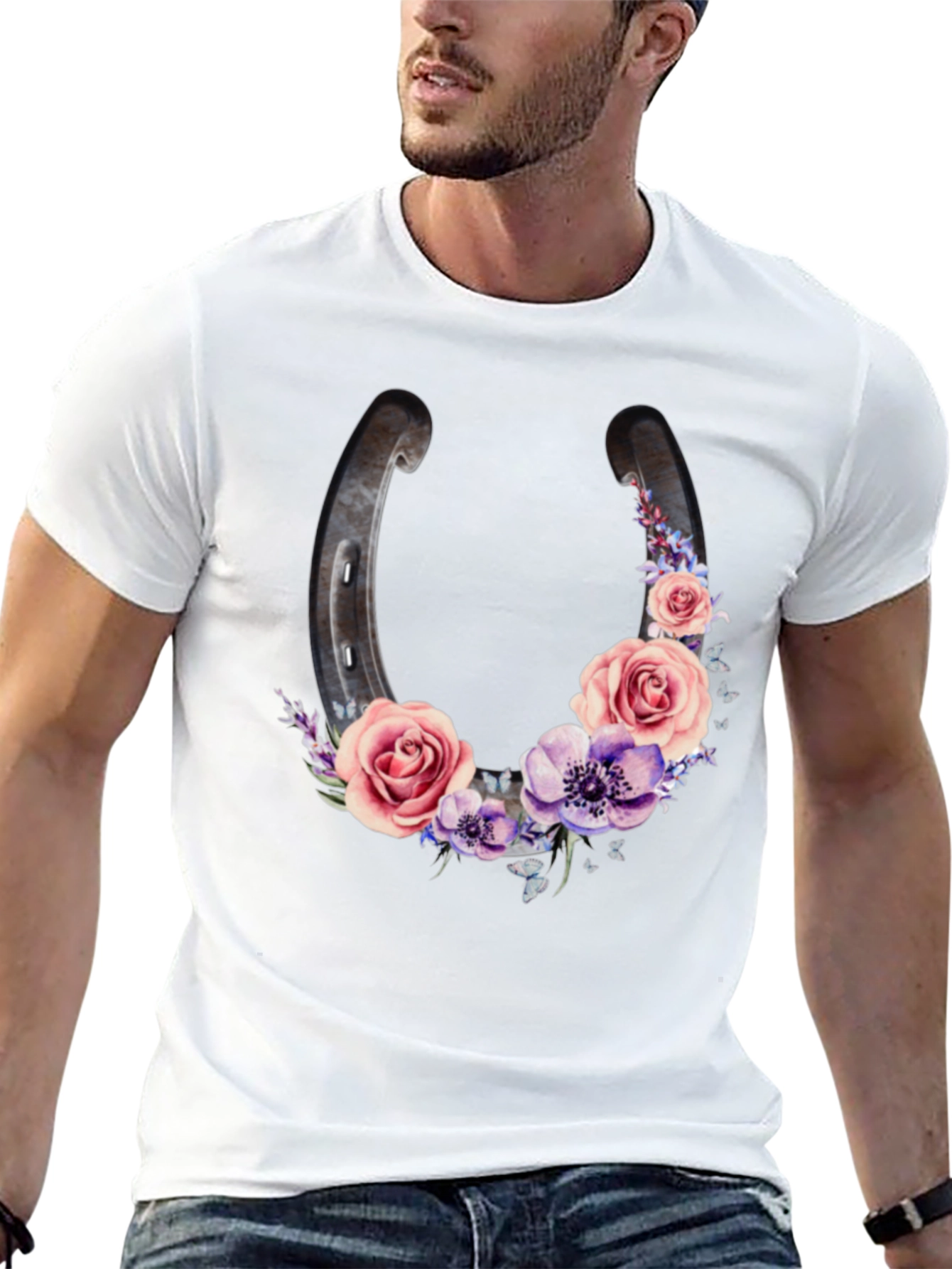 Floral Horseshoe Graphic Black T-Shirt