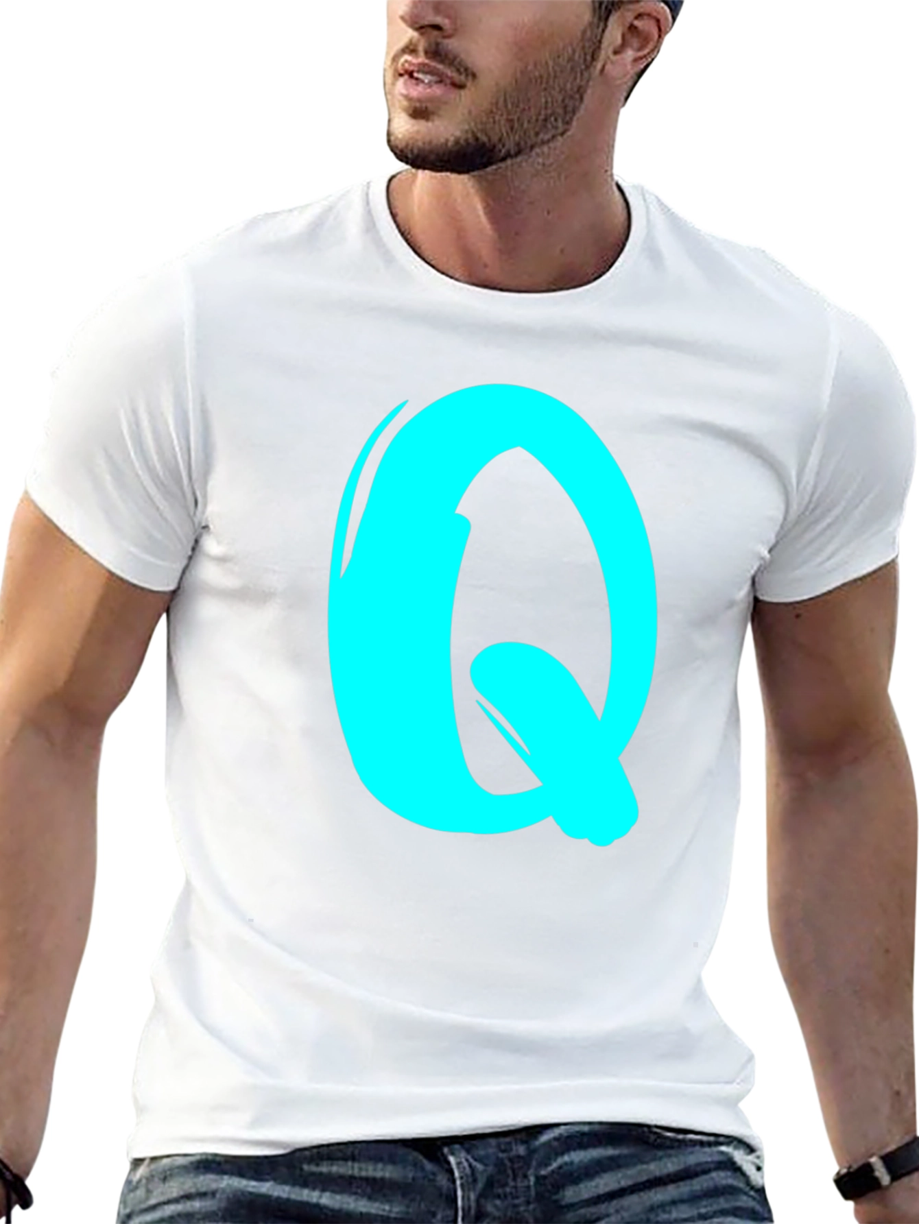 Black Tee with Cyan Letter Q Graphic Print