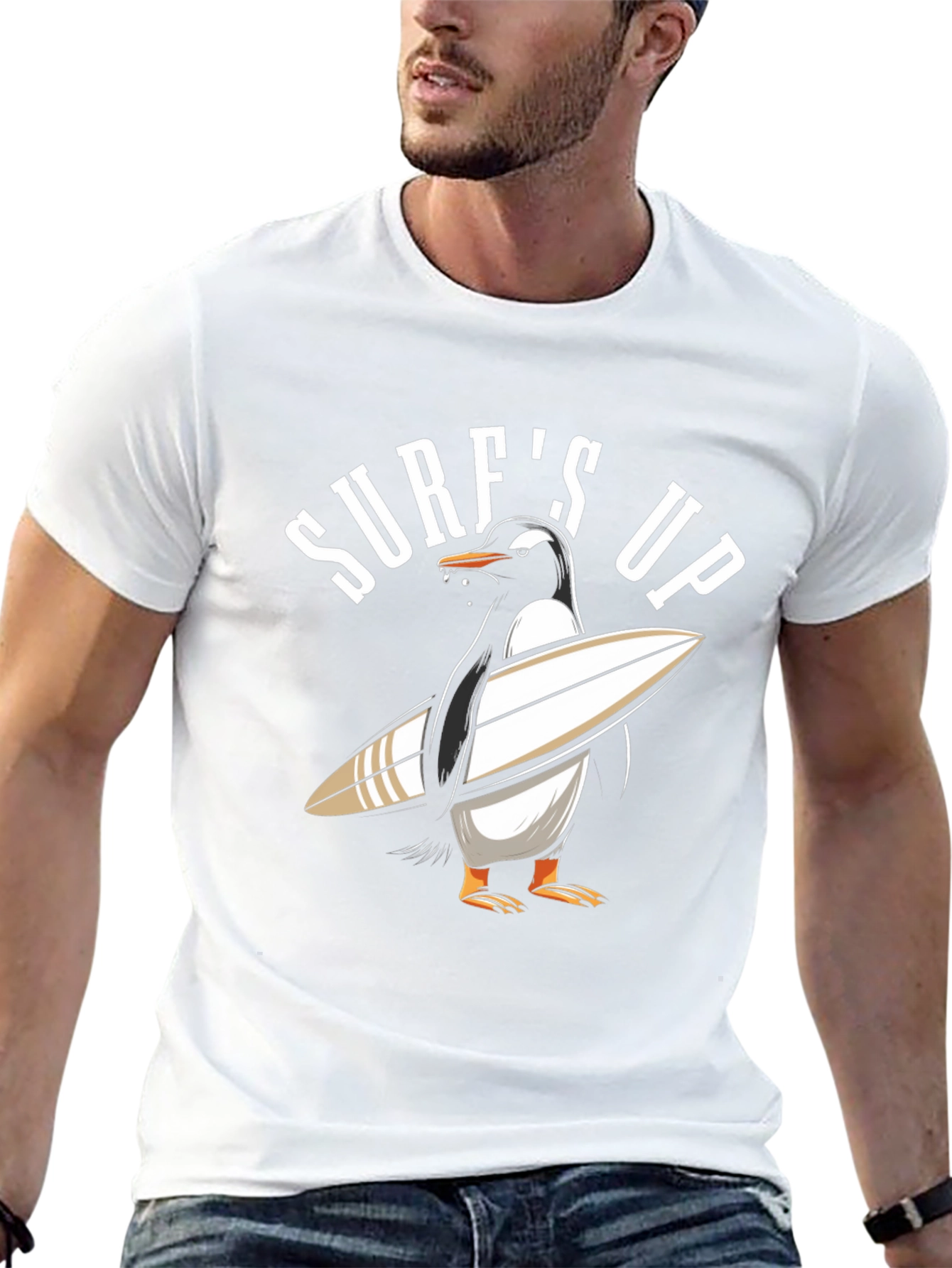 Surfs Up Penguin Graphic Tee - Black Cotton T-Shirt