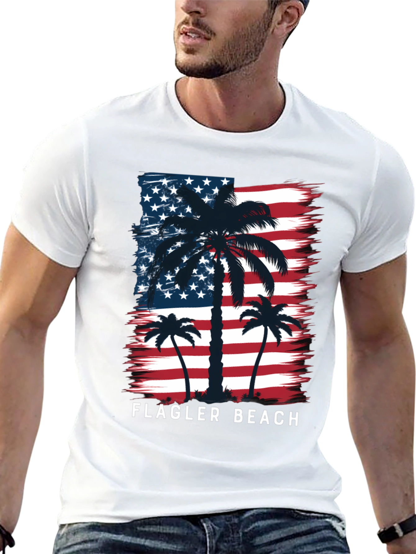 Flagler Beach USA Flag Palm Tree Graphic T-Shirt