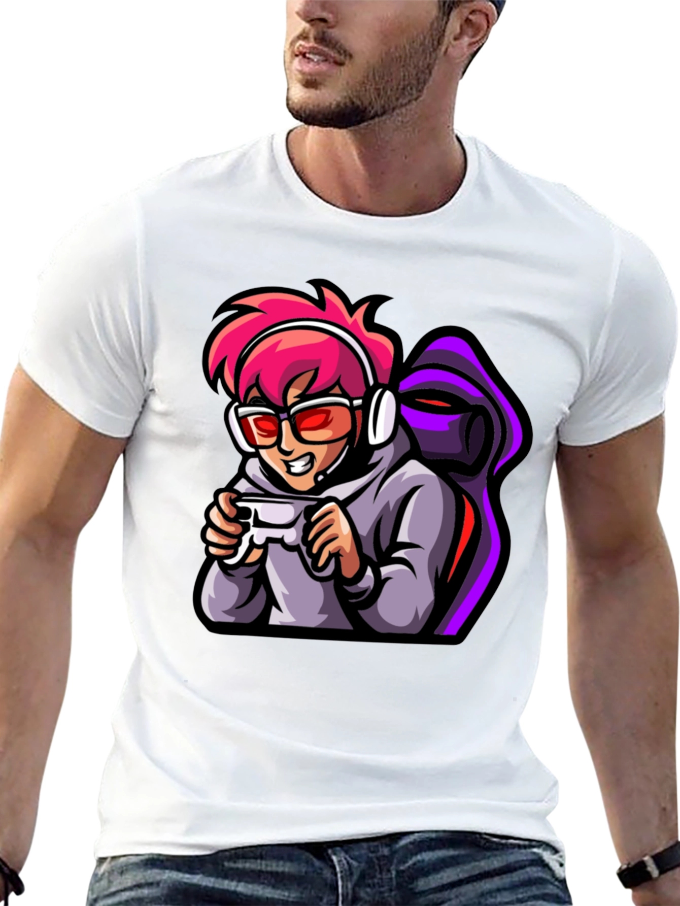 Gamer Cartoon Print Black T-Shirt