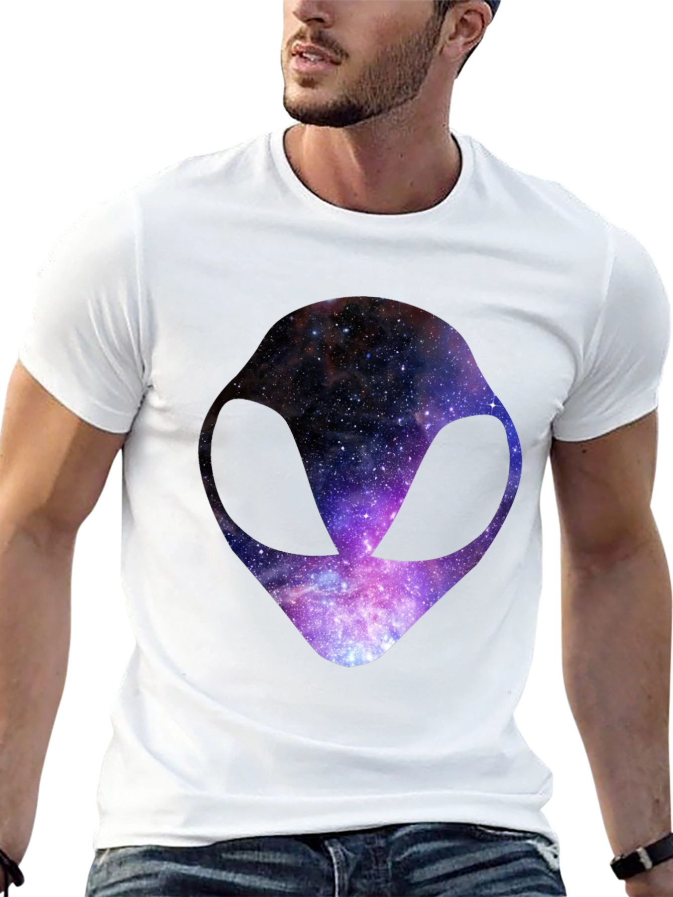Cosmic Alien Head Graphic Tee - Black Cotton T-Shirt