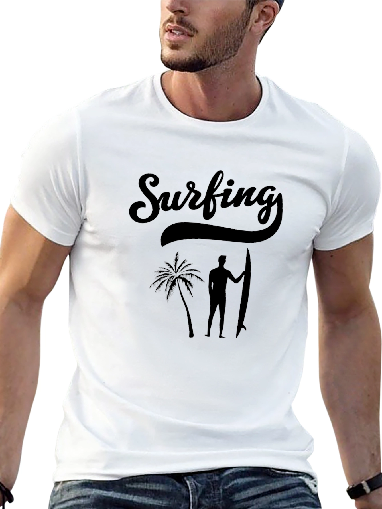 Surfing Graphic Tee - Black Cotton Shirt