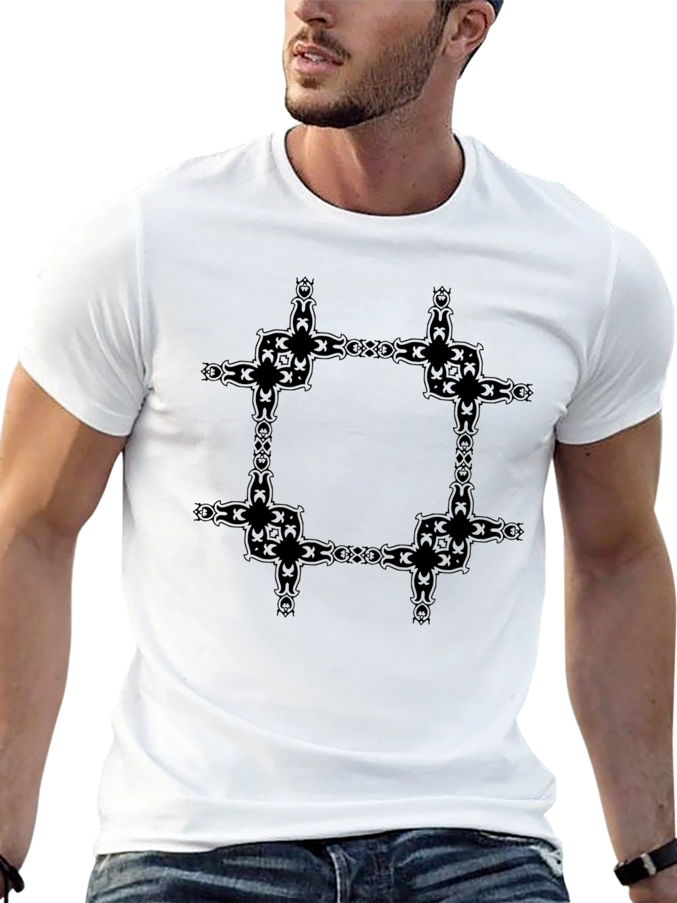 Graphic Tee: Black Patterned Square Print