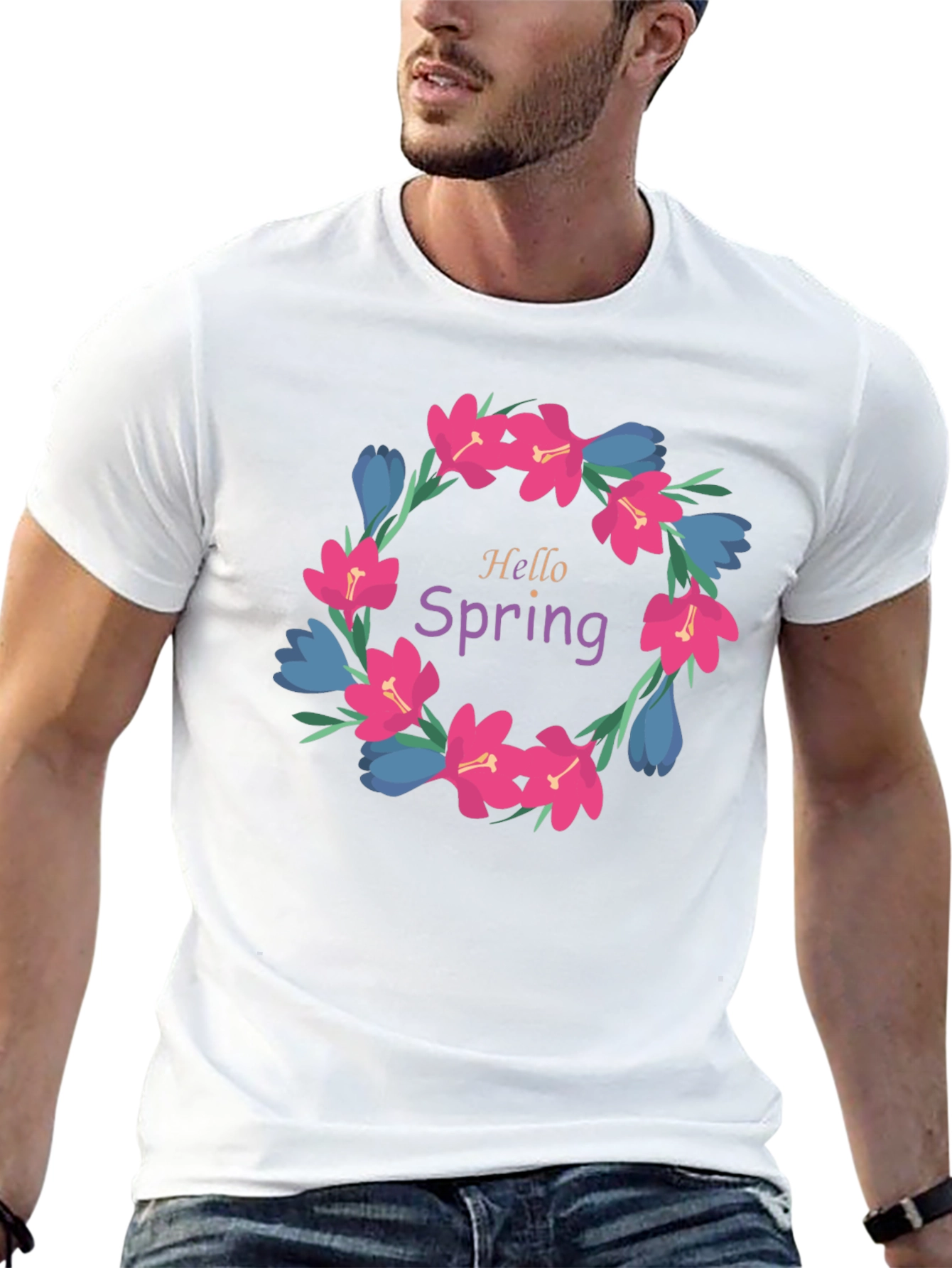 Hello Spring Floral Wreath Graphic T-Shirt