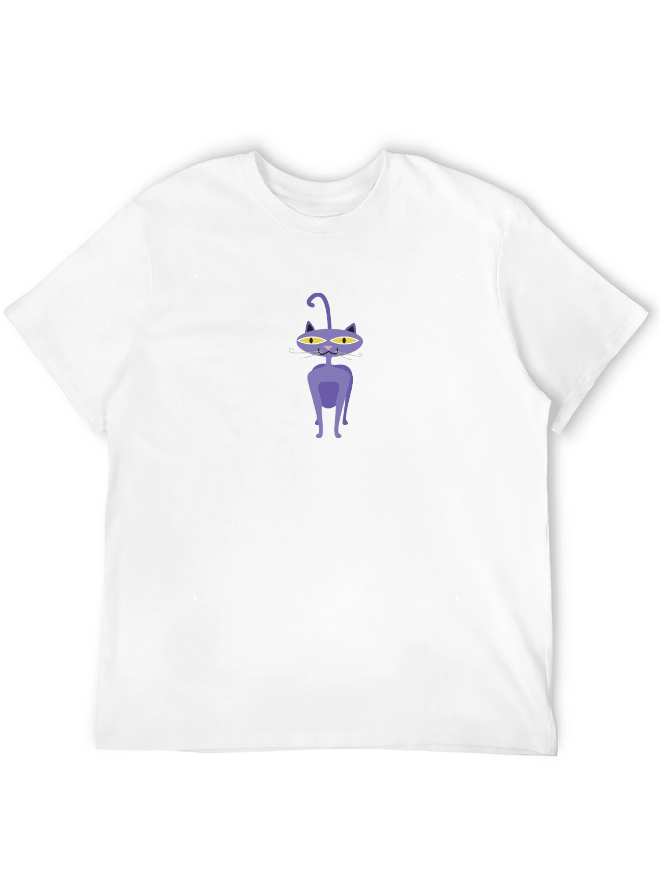 Mens Black T-Shirt with Cartoon Purple Cat Design