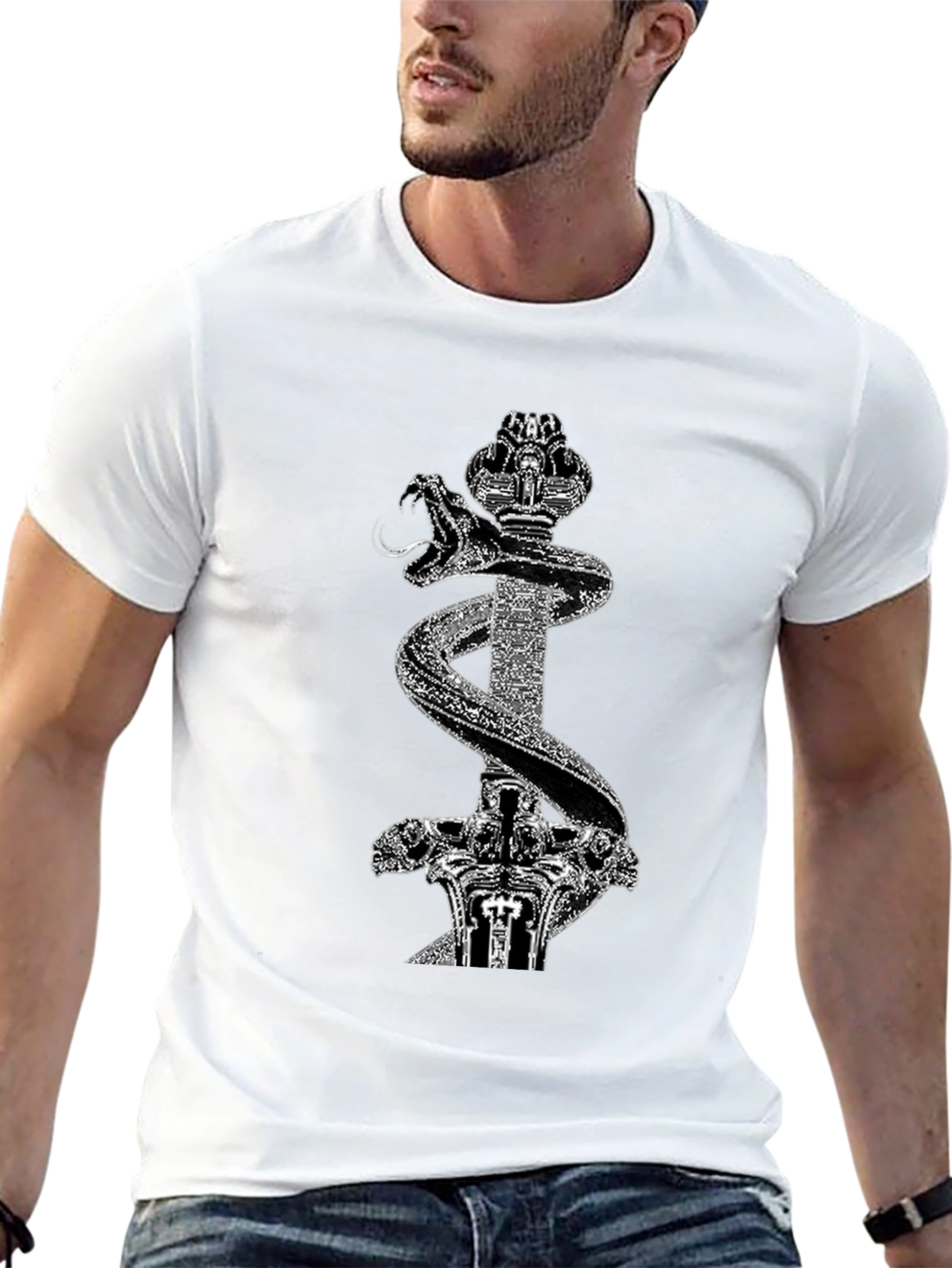 Black T-Shirt with Snake & Sword Graphic