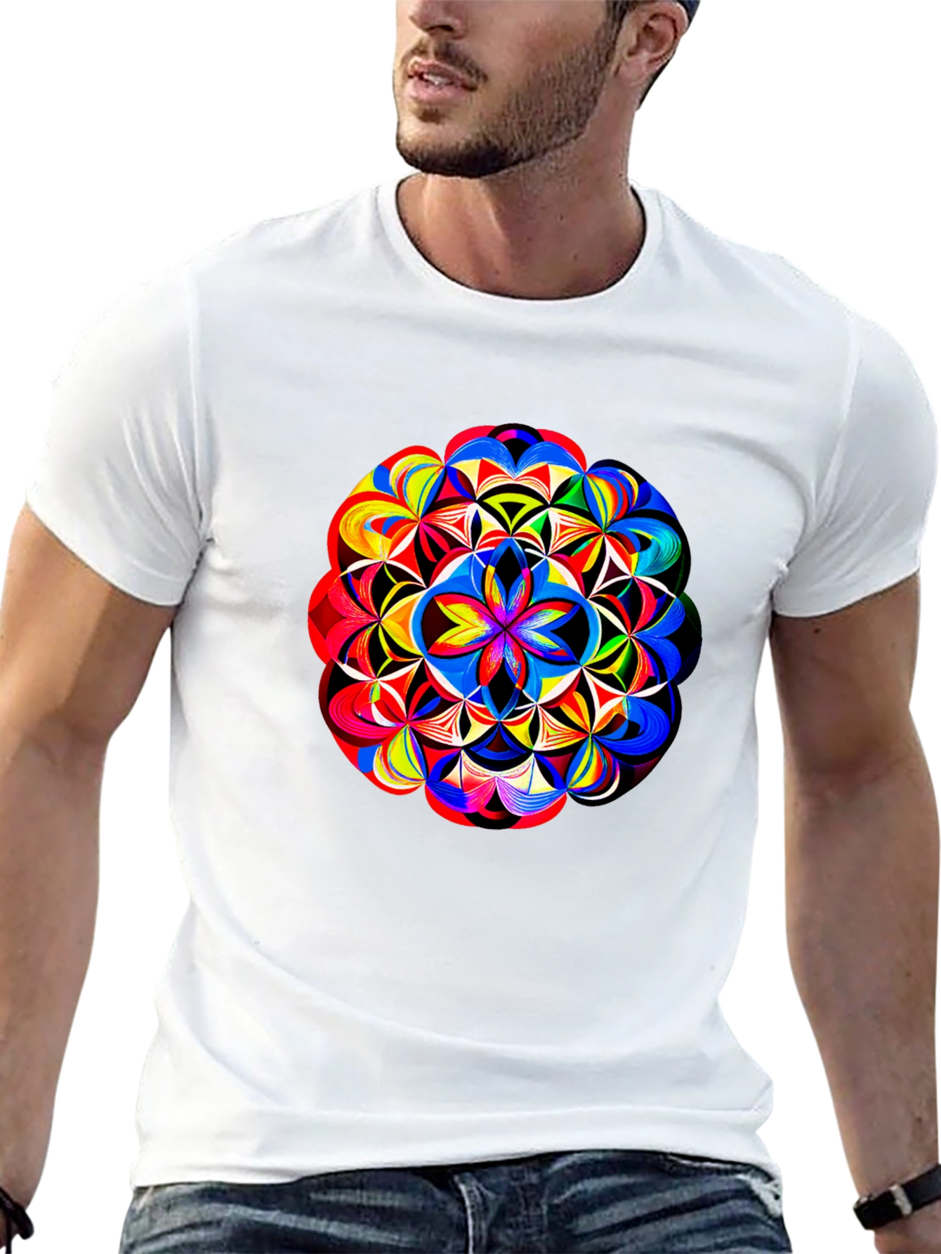 Vibrant Geometric Mandala Print Black T-Shirt