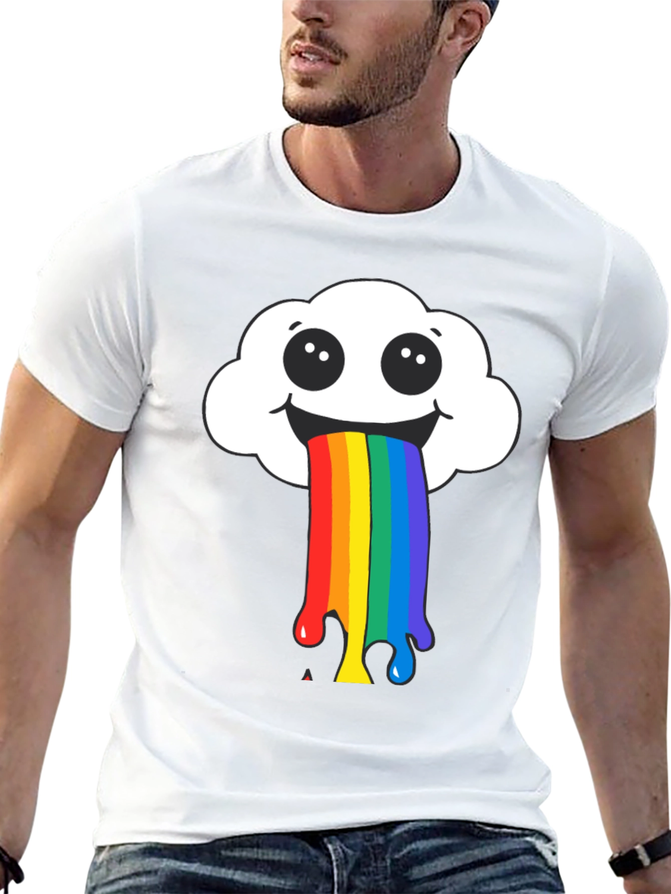 Rainbow Puke Cloud Graphic Tee - Black Cotton T-Shirt