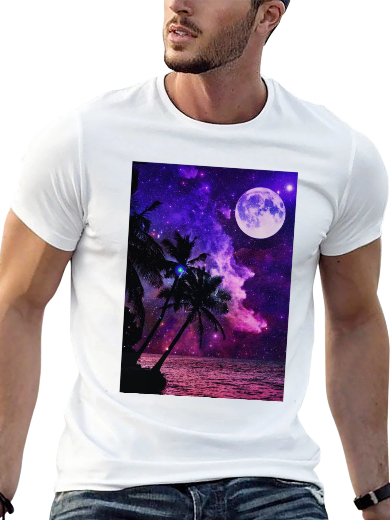 Galaxy Dream Tee - Moonlit Palm Tree Design