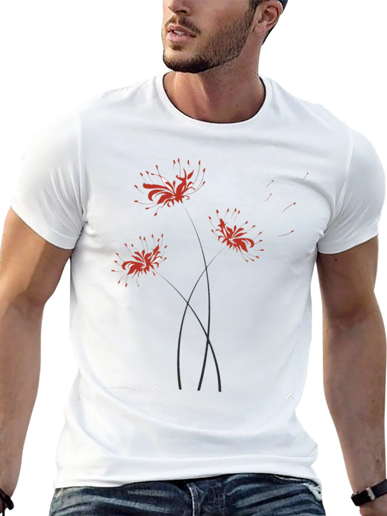 Black T-Shirt with Floral Spider Lily Design