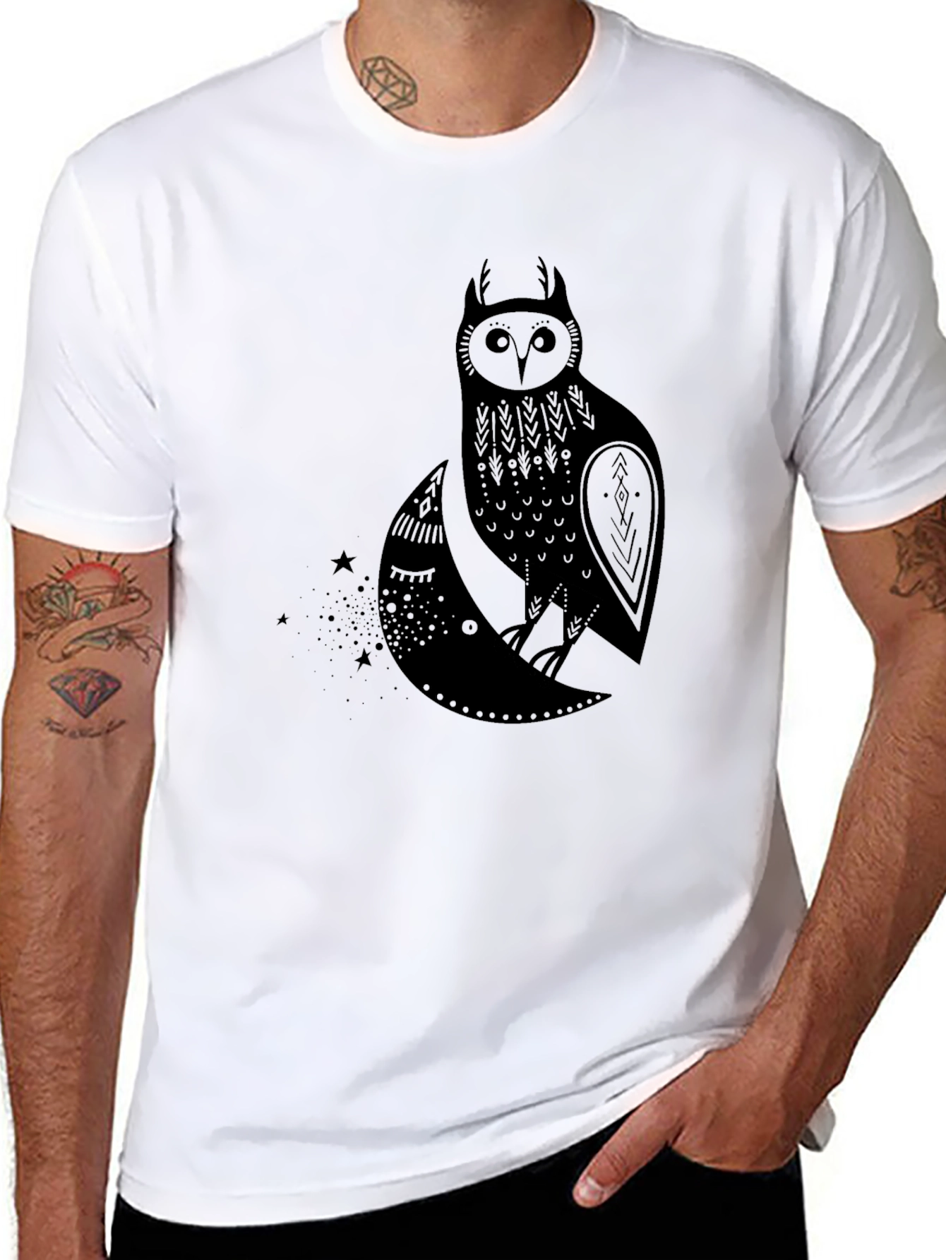 Owl on Moon Graphic T-Shirt - Black Cotton Tee