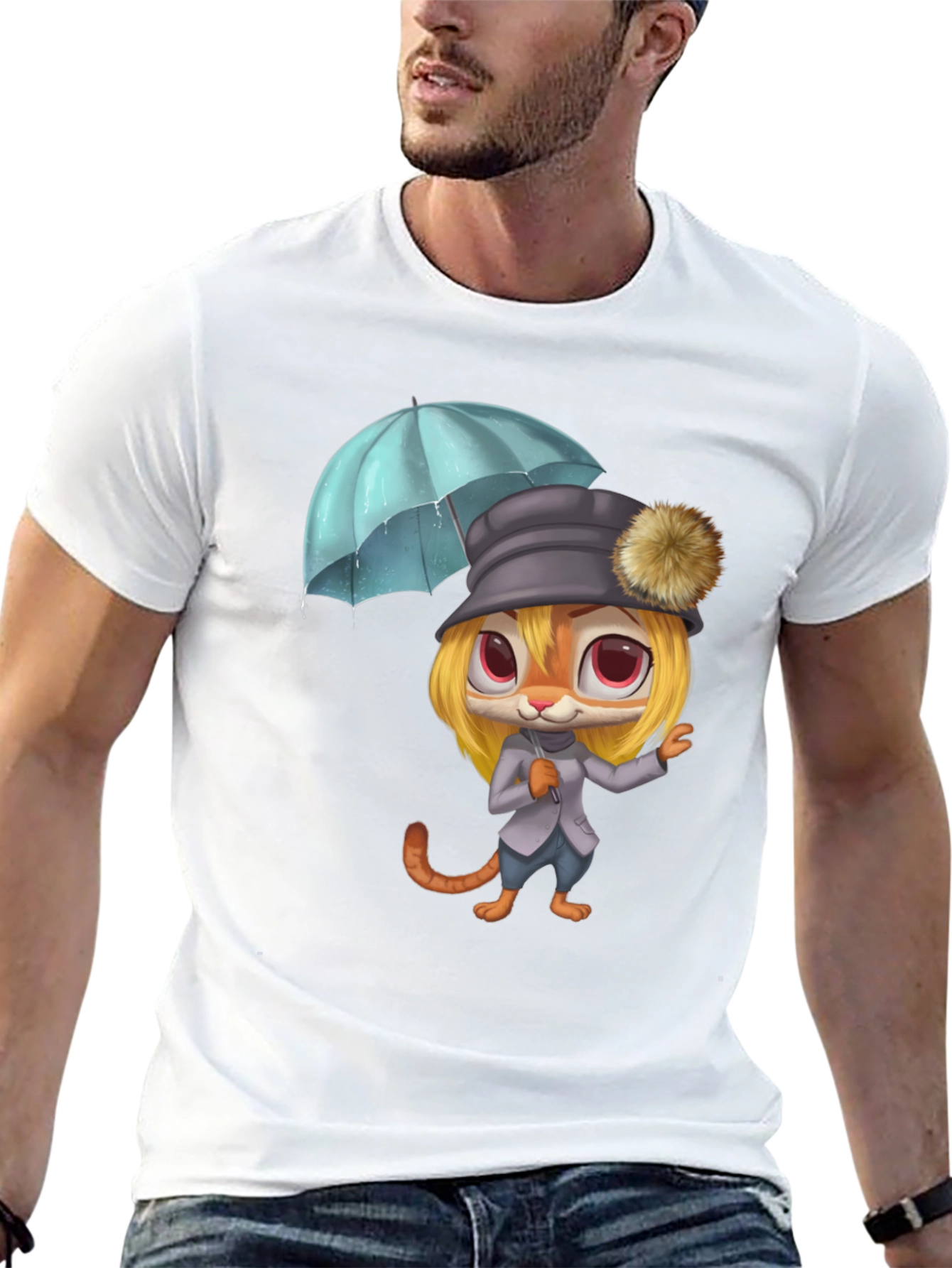 Cartoon Tiger with Umbrella Graphic Tee