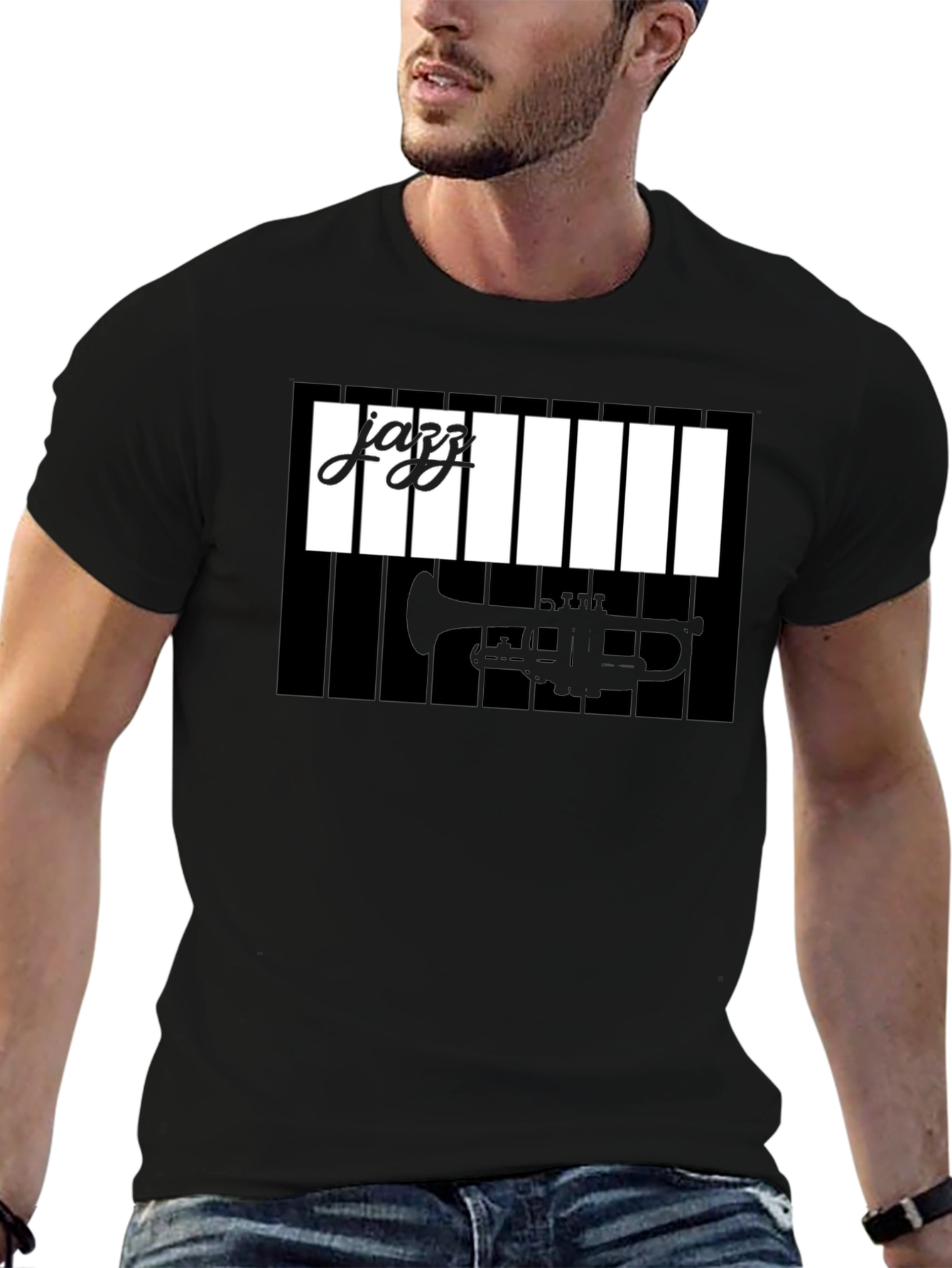 Jazz Music Graphic Tee: Trumpet & Piano Design