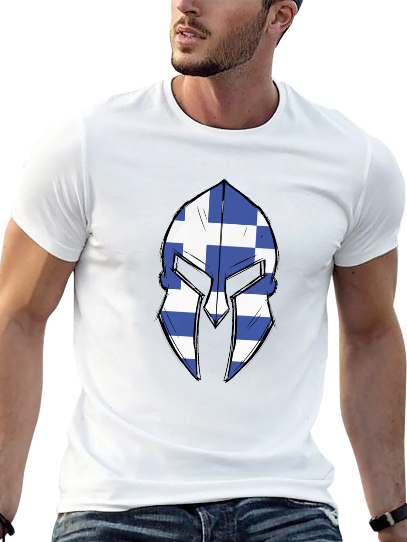 Greek Spartan Helmet Flag Graphic Tee - Black T-Shirt