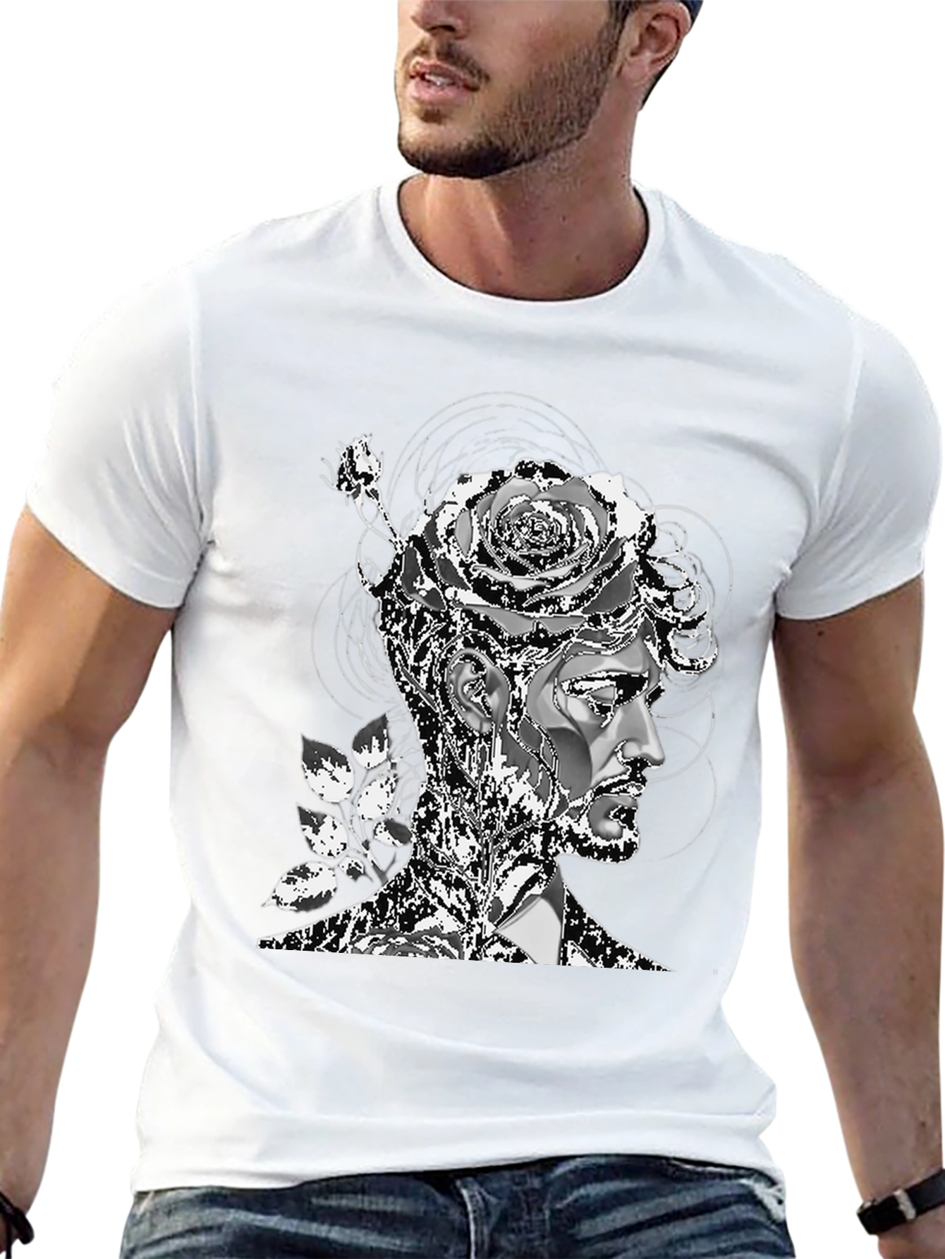 Artistic Floral Head T-Shirt - Mens Black Tee