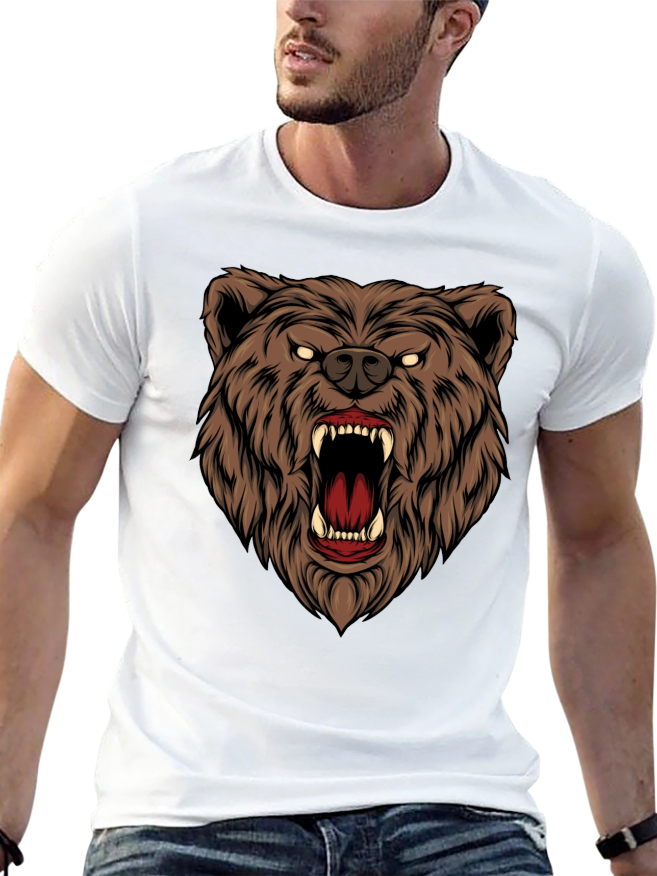 Mens Black T-Shirt with Roaring Bear Graphic