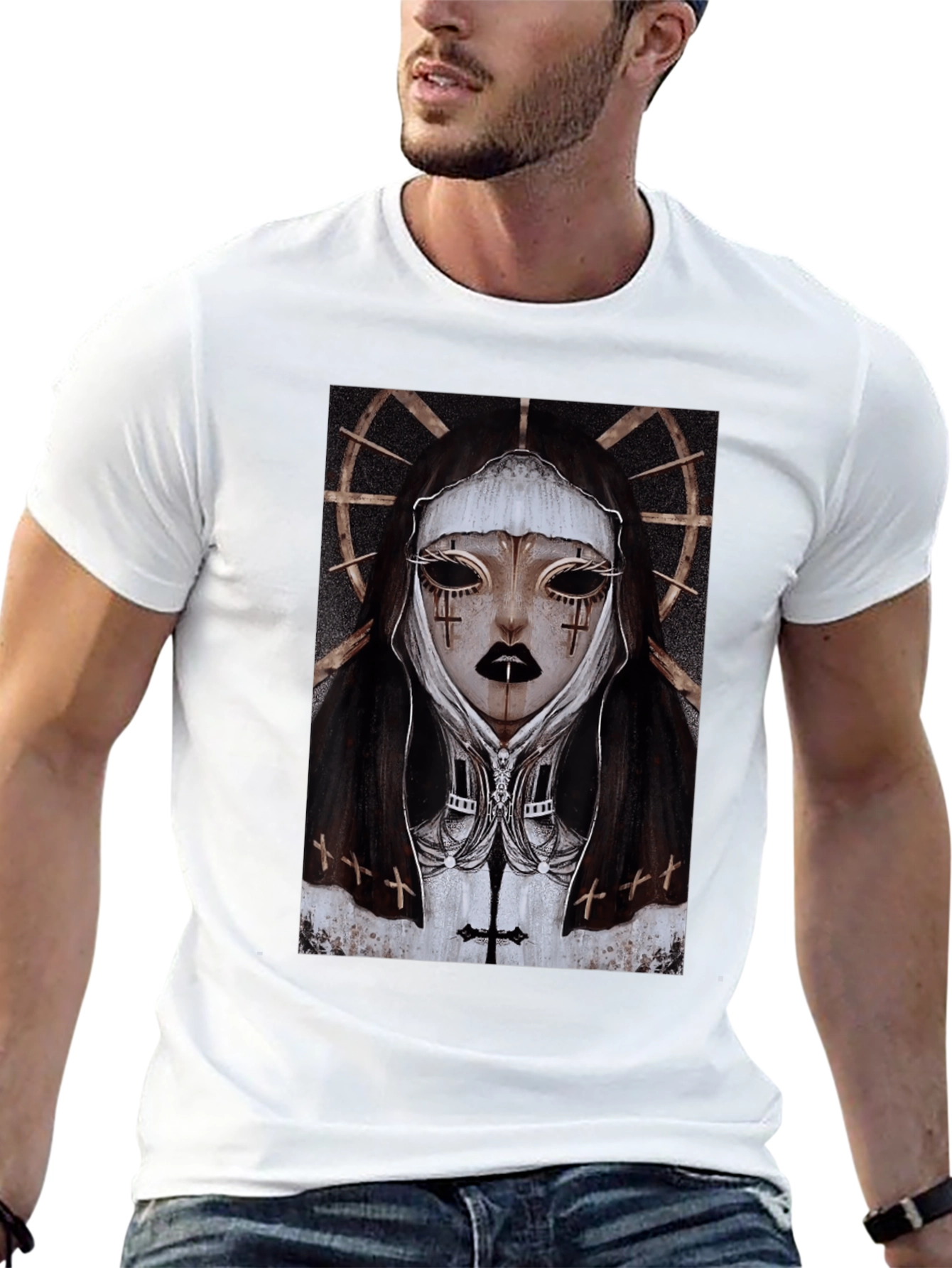 Gothic Nun Graphic Tee - Dark Religious Apparel