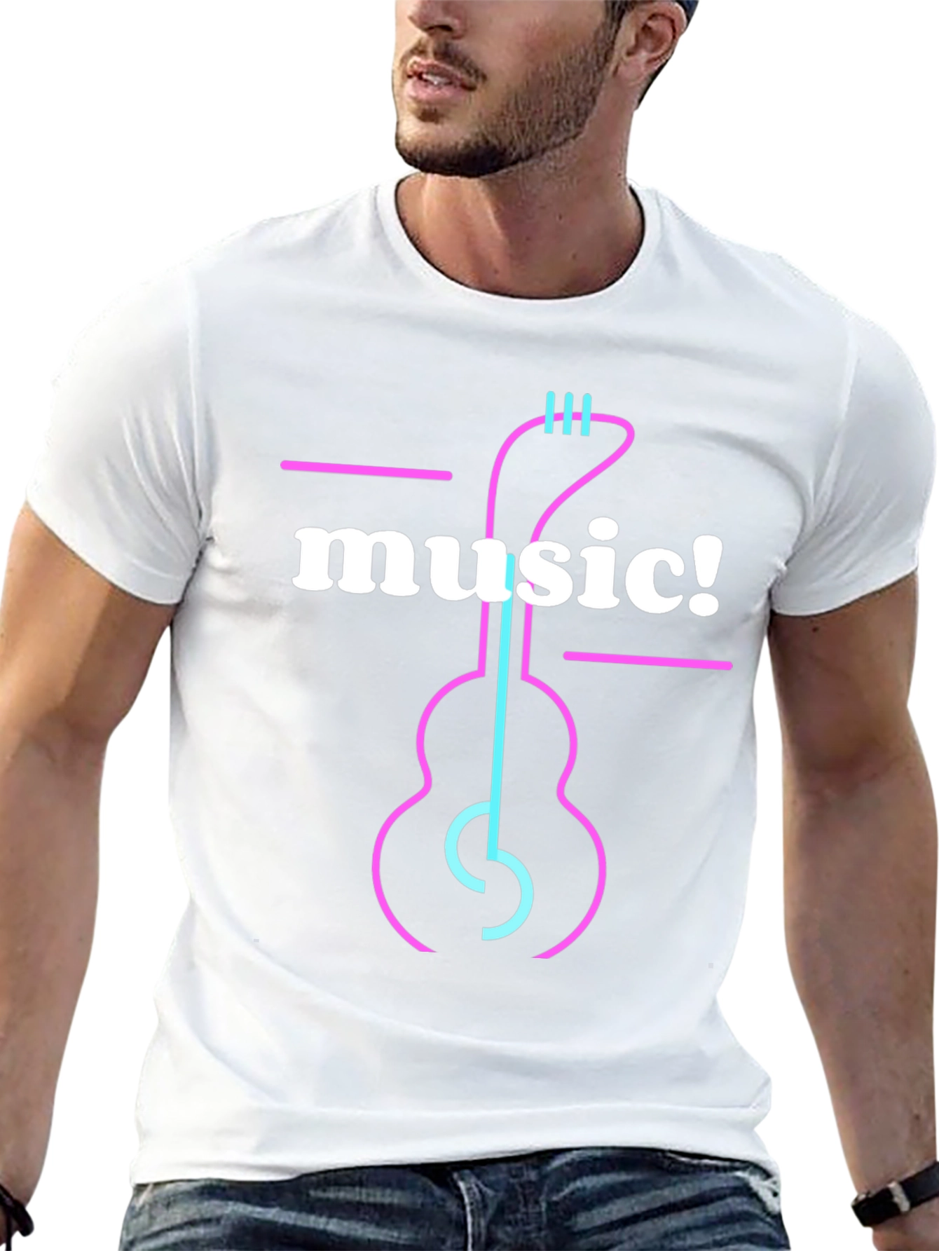 Music T-Shirt - Neon Guitar Design - Black