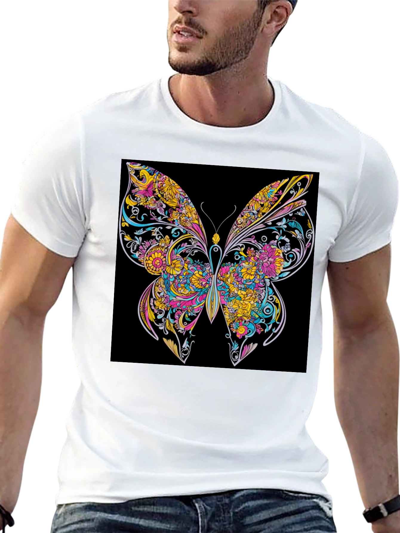 Vibrant Butterfly Graphic Print Black T-Shirt