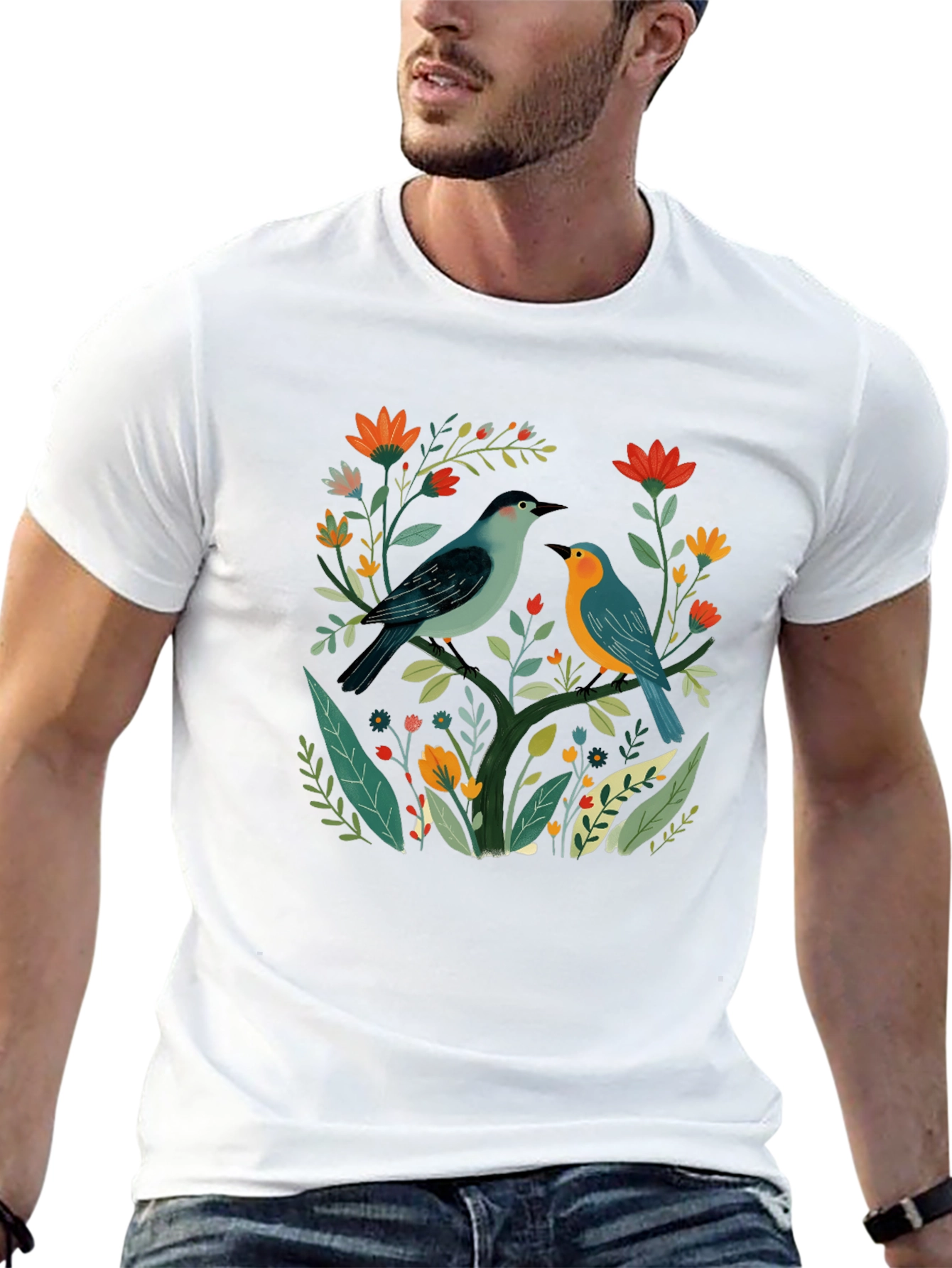 Floral Bird Graphic Tee - Stylish Black T-Shirt