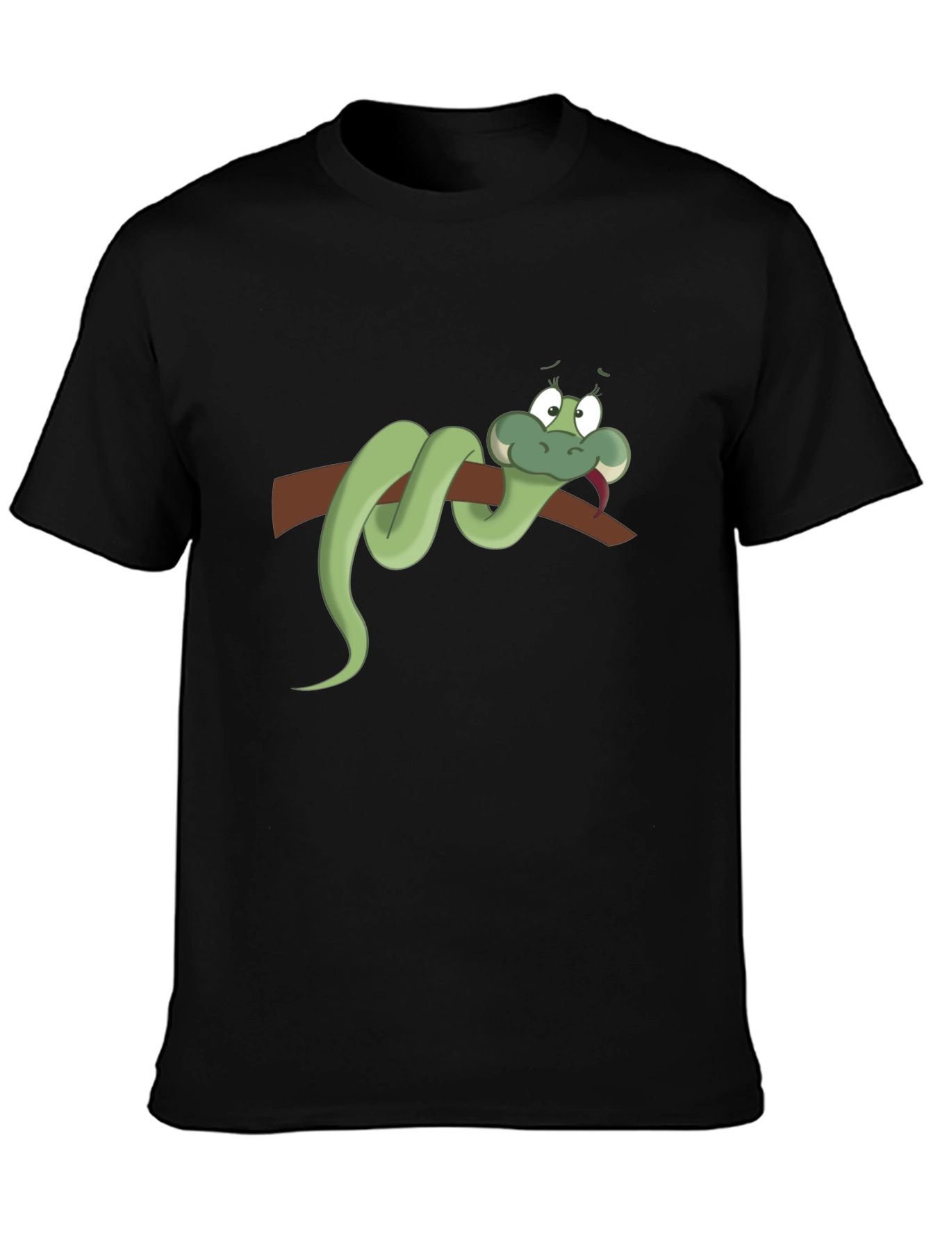 Cartoon Snake on Branch Black T-Shirt