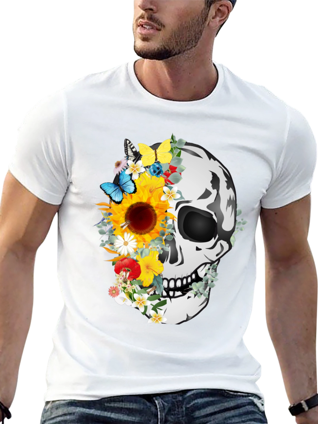 Floral Skull Graphic Tee - Mens Black T-Shirt