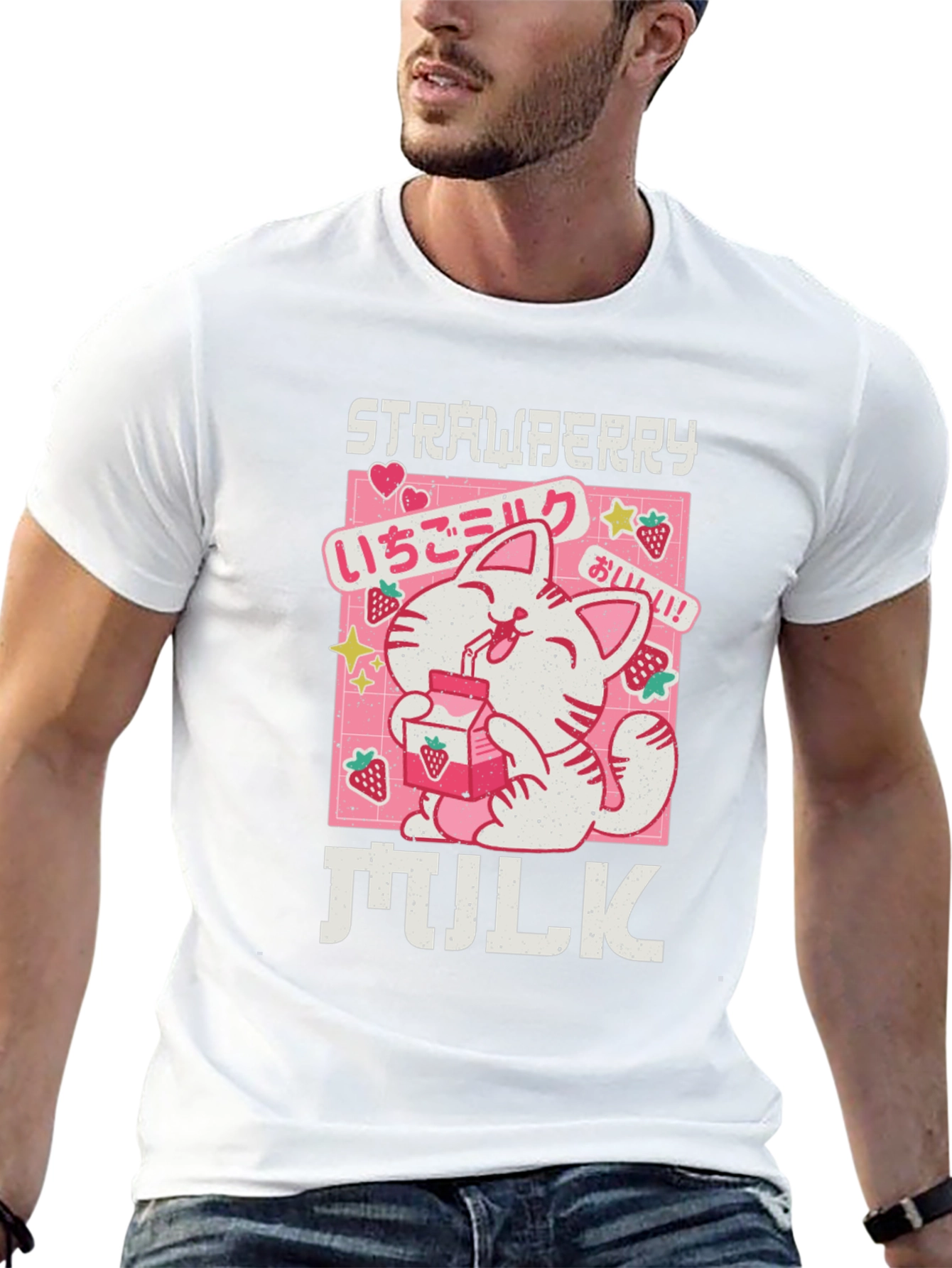 Strawberry Milk Cat T-Shirt - Kawaii Anime Aesthetic