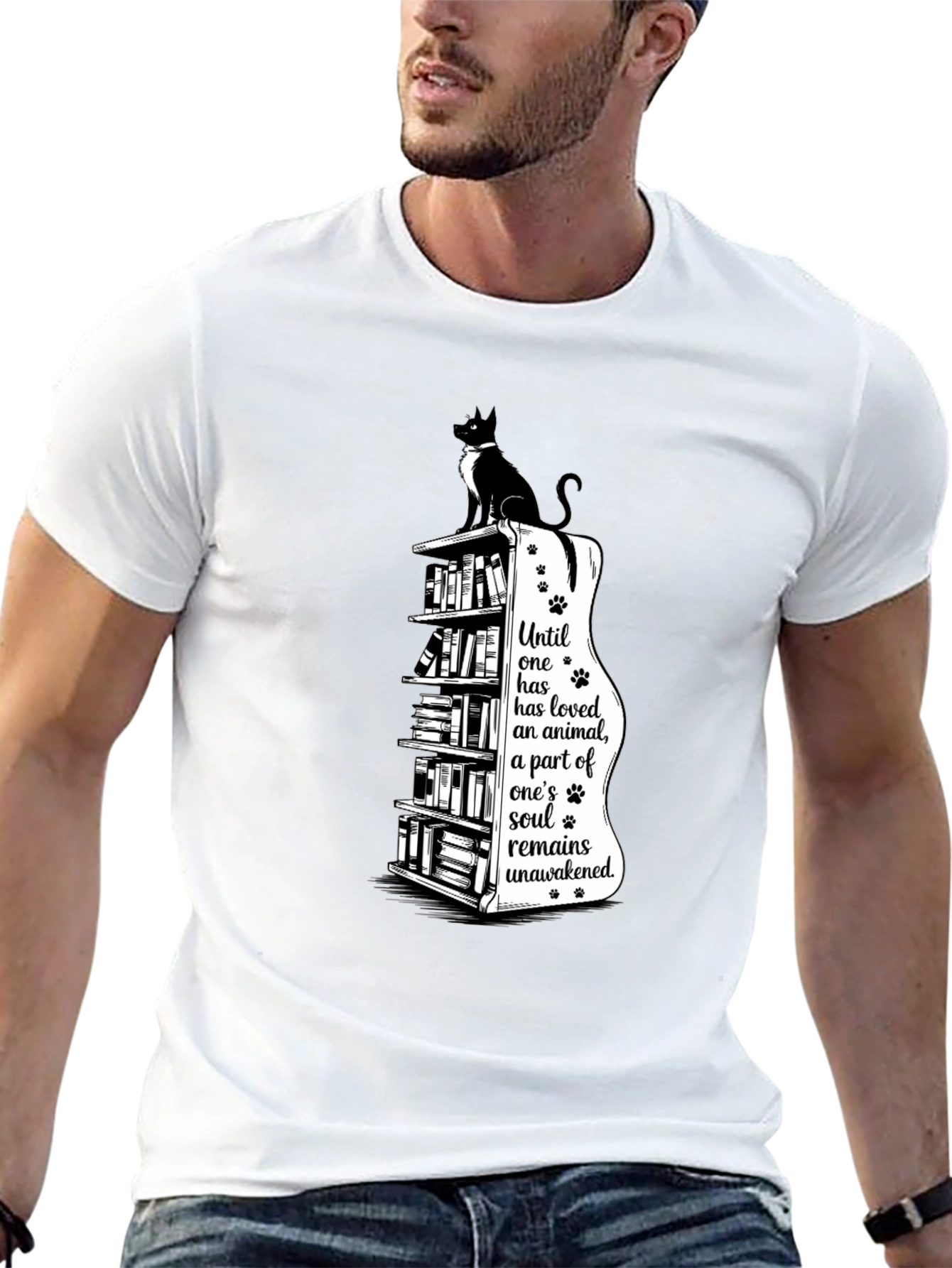 Cat Lovers T-Shirt: Bookcase & Soul Quote