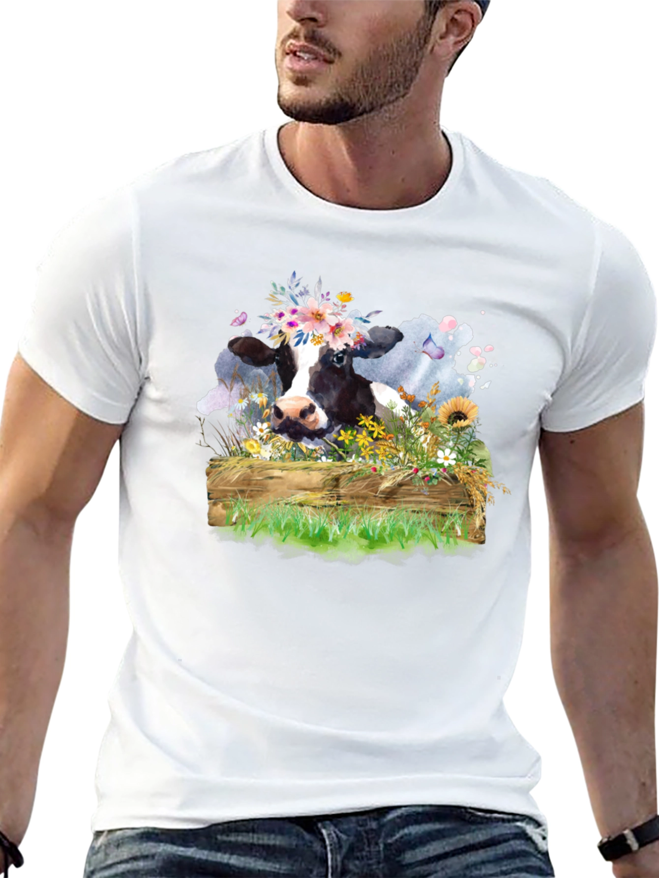 Floral Cow Graphic Tee - Unisex Black T-Shirt