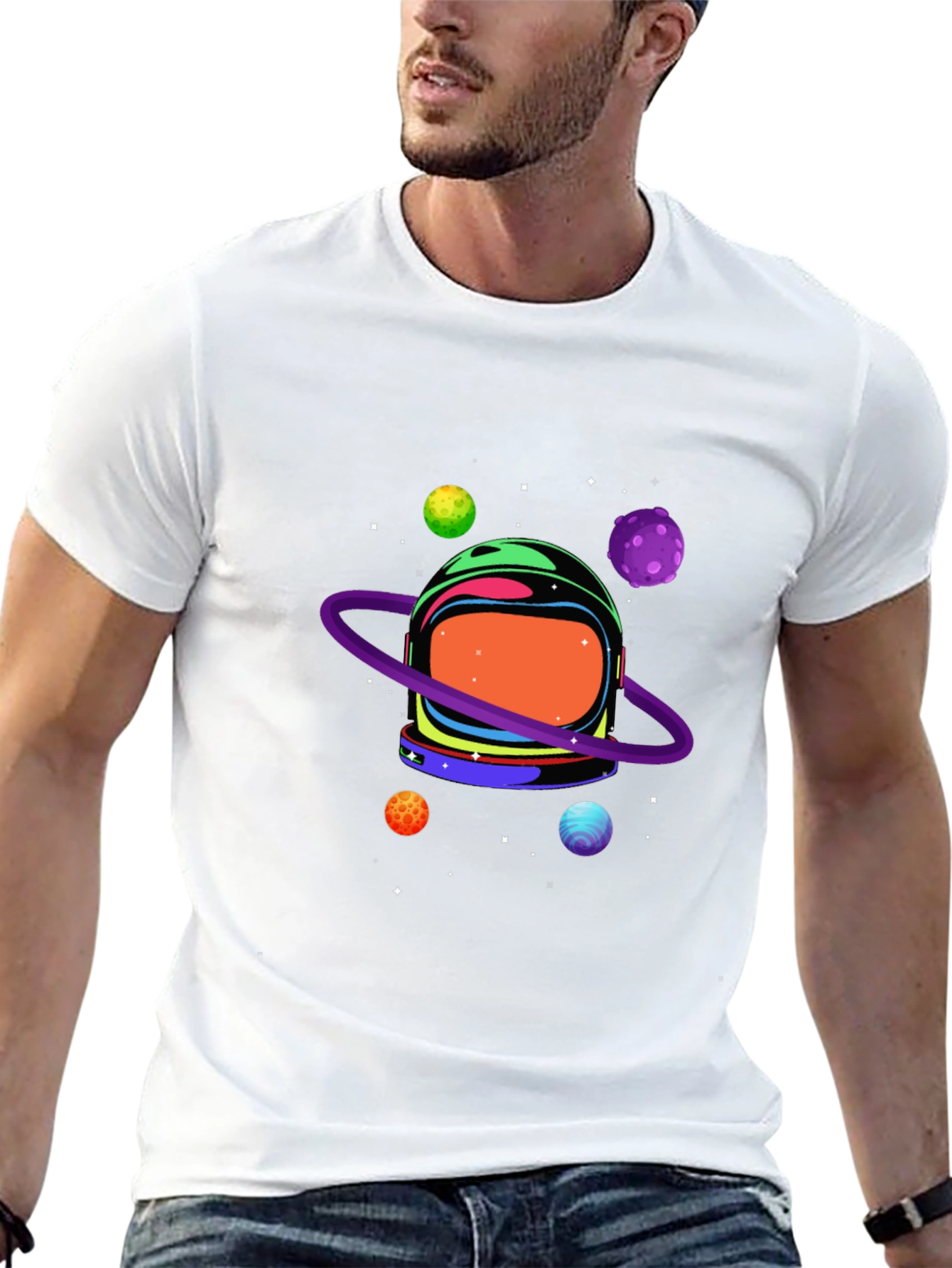 Astronaut Helmet & Planets Graphic Print Black Tee