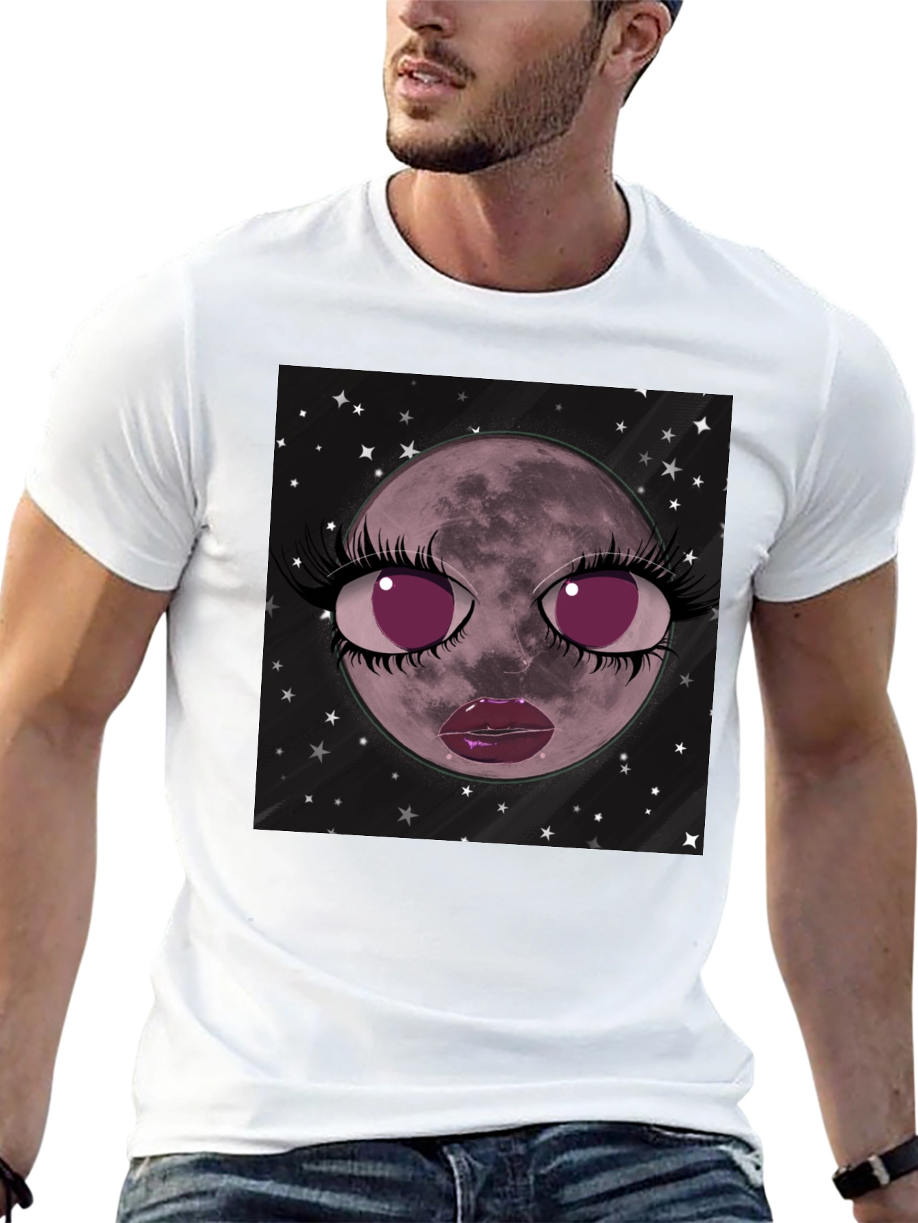 Cosmic Moon Face Graphic Tee - Black Cotton Blend