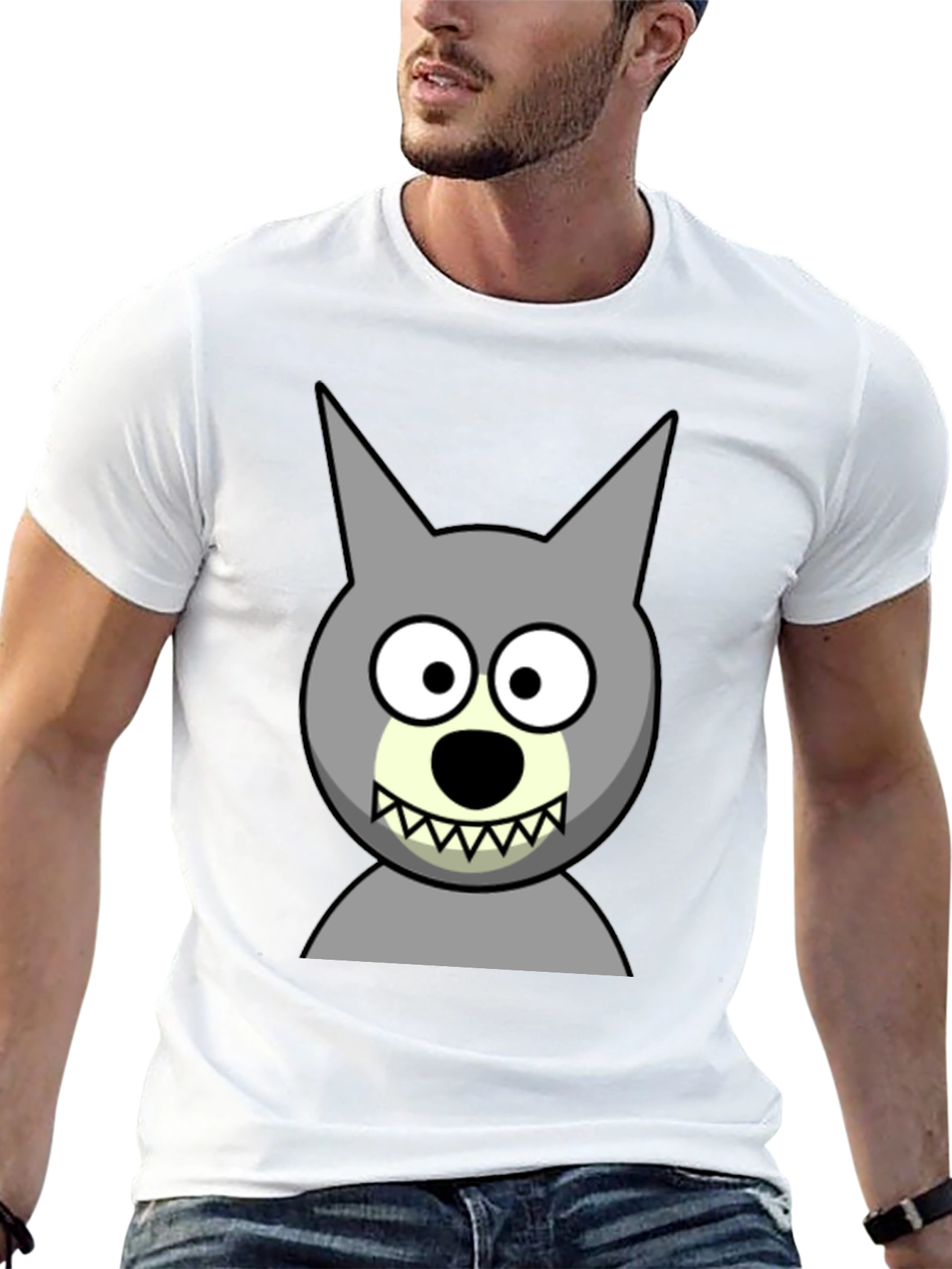 Cartoon Wolf Graphic Tee - Black Cotton Blend