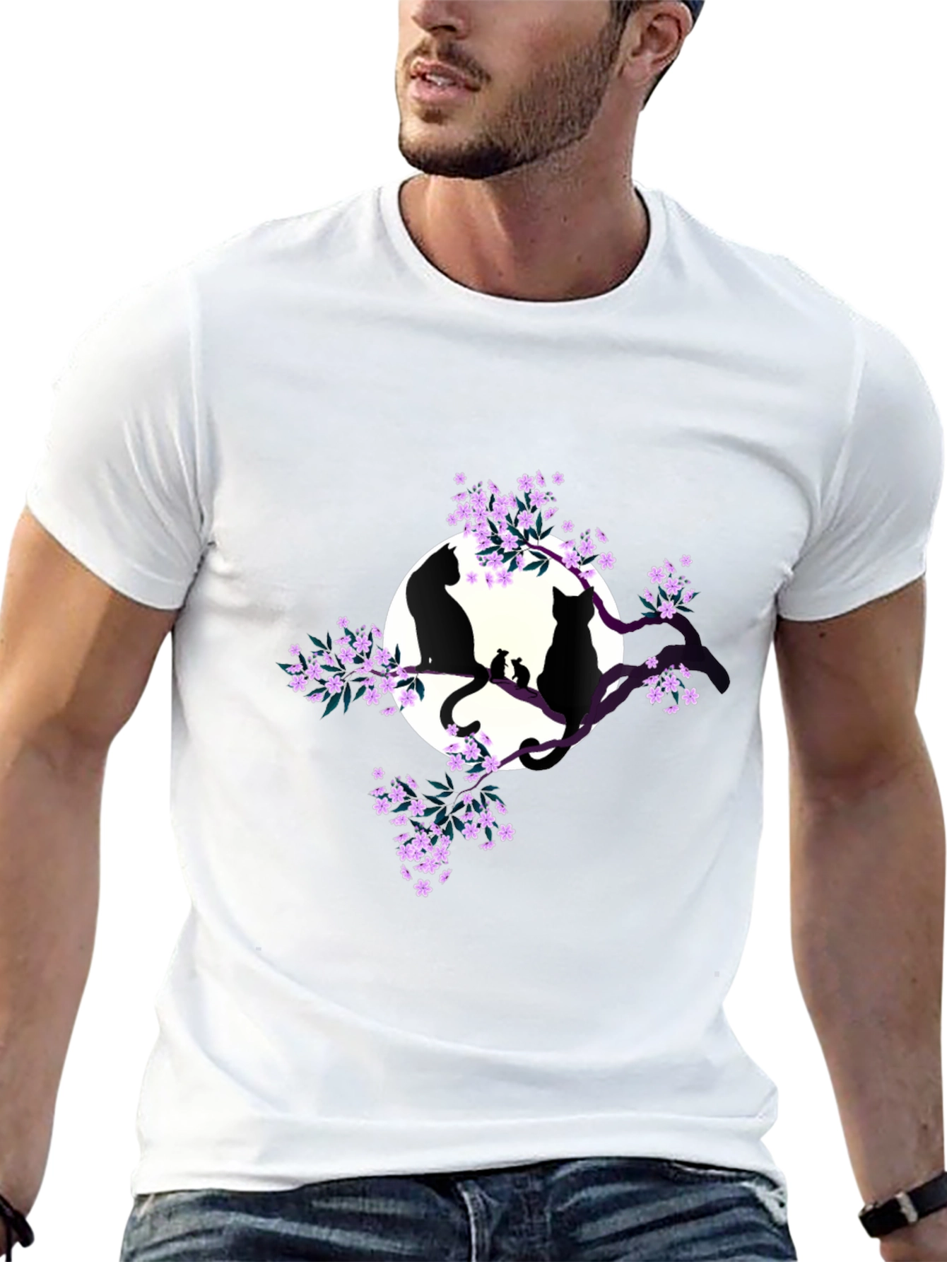 Cats on Branch Graphic Tee - Black