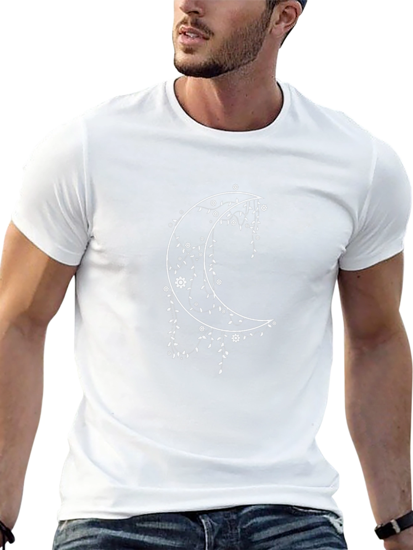 Floral Crescent Moon Graphic Tee - Black