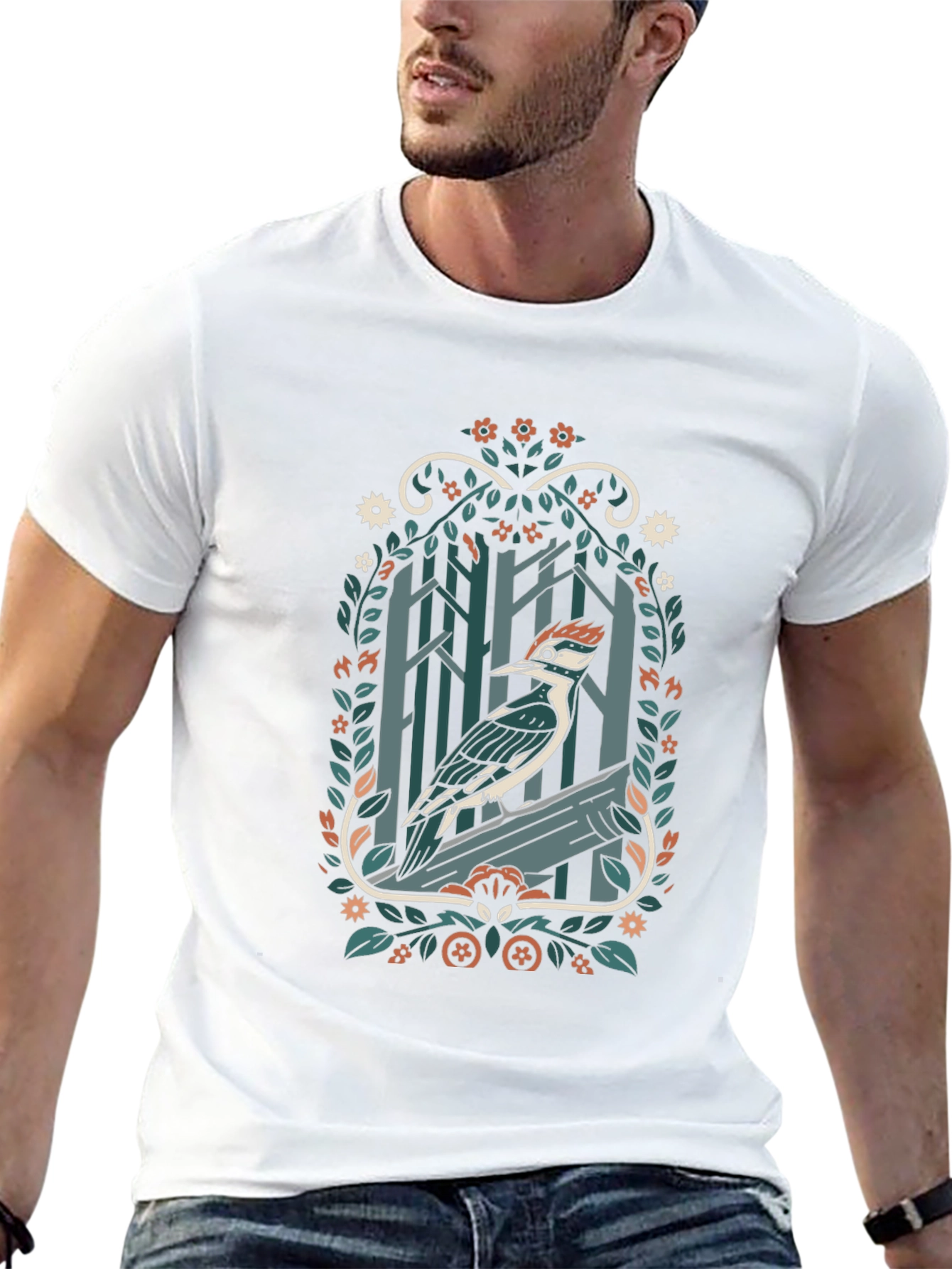Woodpecker Forest T-Shirt - Nature Inspired Design