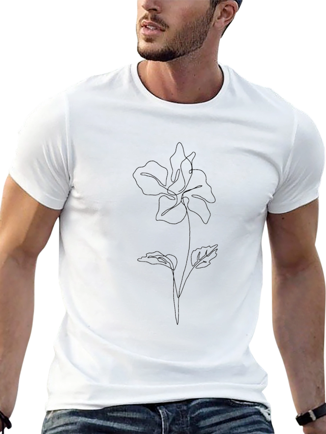 Minimalist Floral Line Art Black T-Shirt