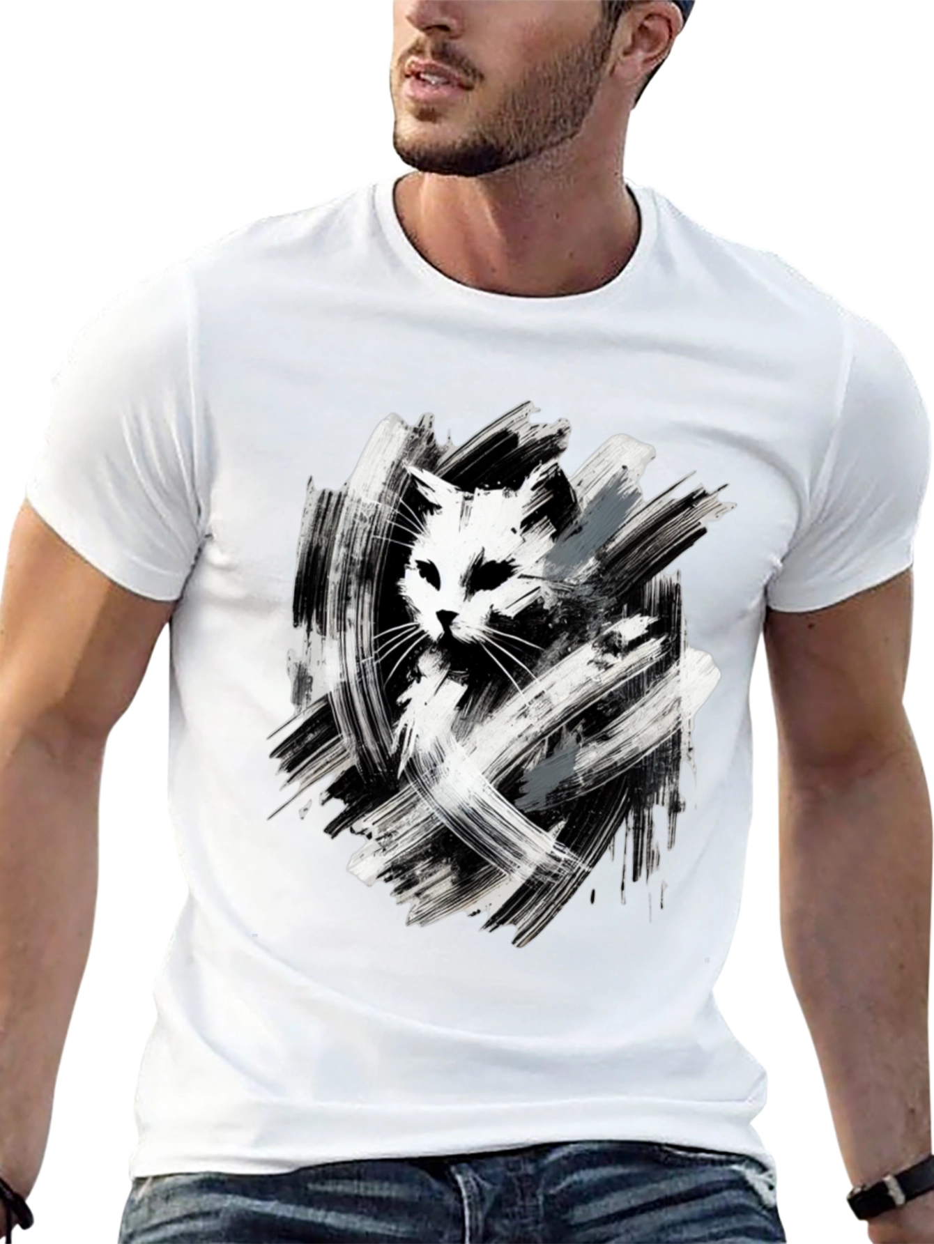 Abstract Cat Graphic Tee - Black Cotton T-Shirt