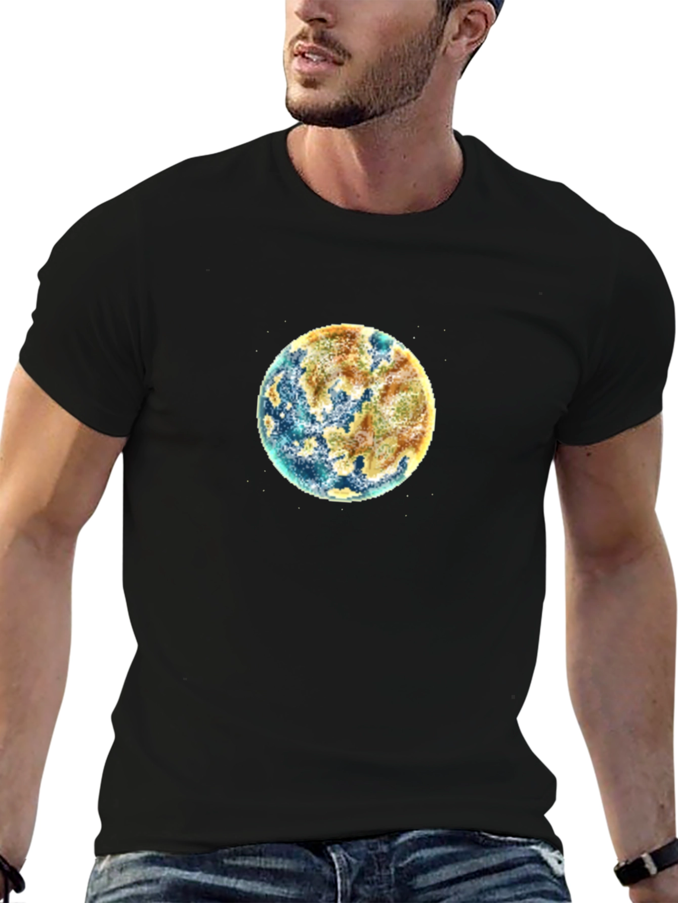 Earth Graphic Black T-Shirt - Pixelated World Design