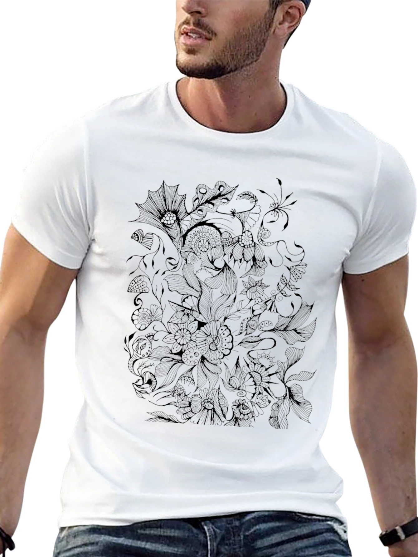 Black Floral Doodle Tee - Unique Graphic Print
