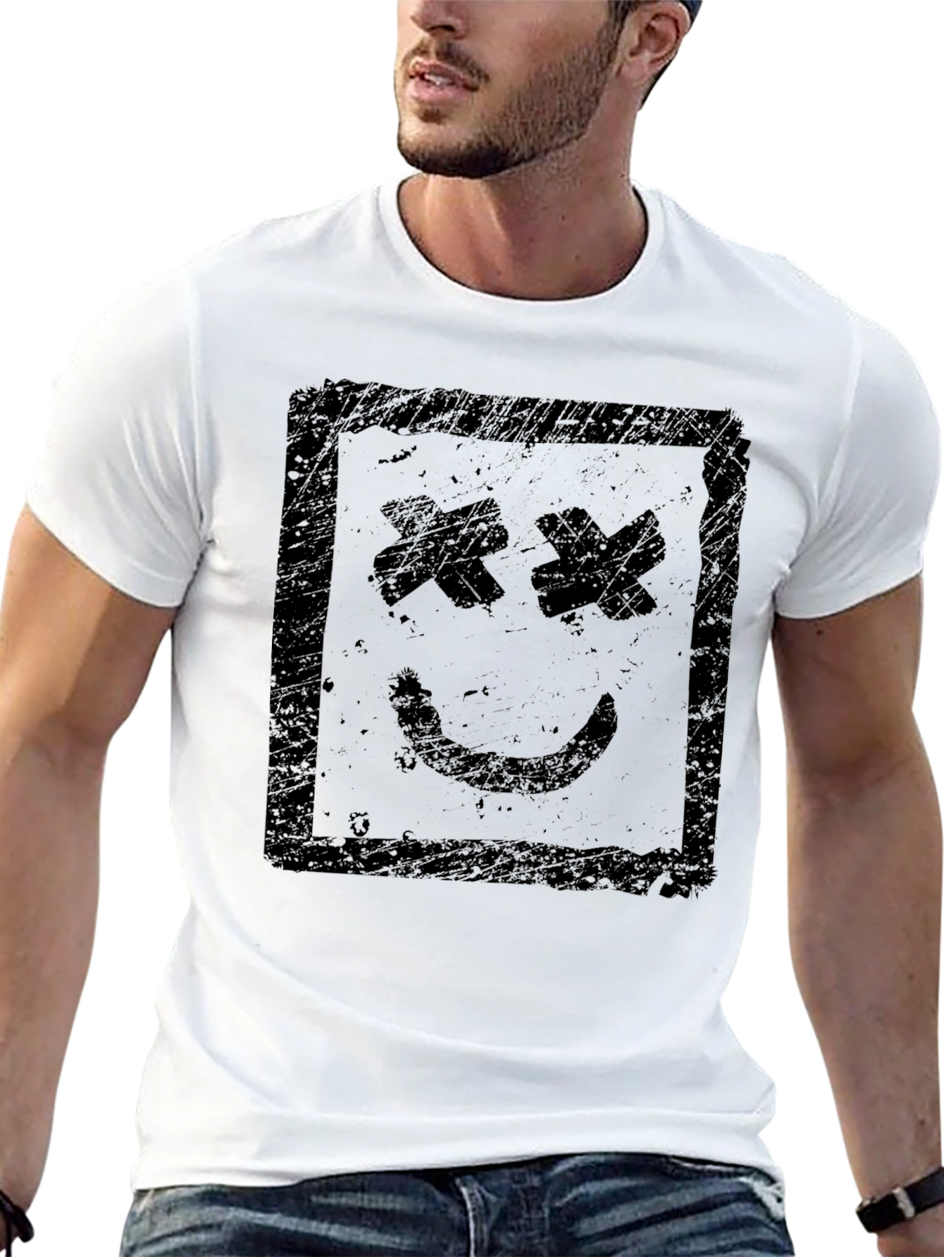 Distressed Smiley Face Graphic Black T-Shirt