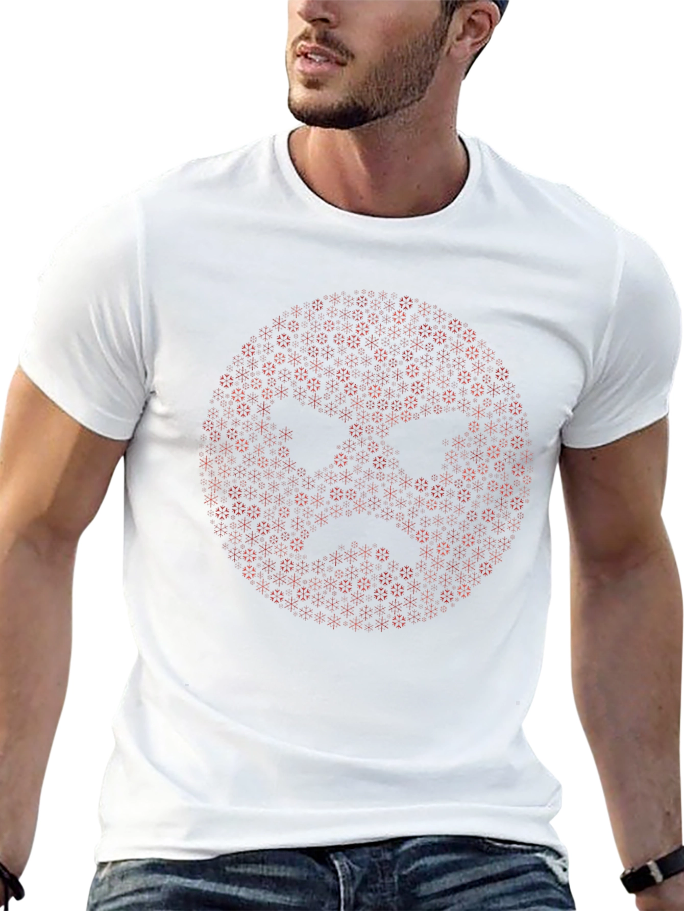 Abstract Red Snowflake Patterned Black T-Shirt