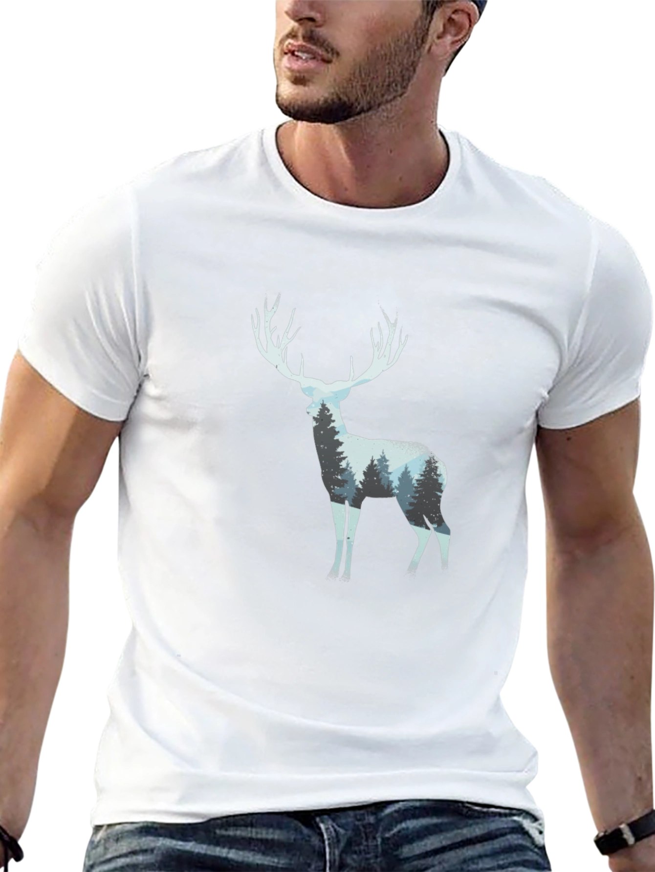 Deer Forest Print Black T-Shirt