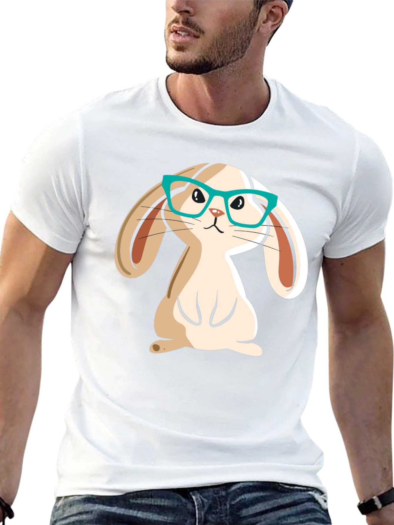 Cute Bunny in Glasses Black Graphic T-Shirt