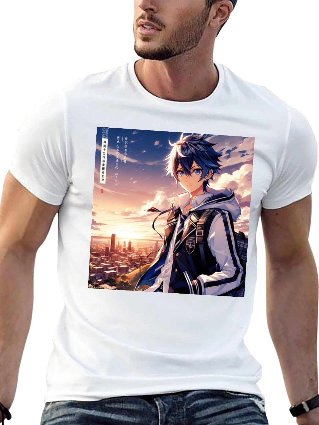 Anime Style Graphic Tee - Cityscape Anime Boy