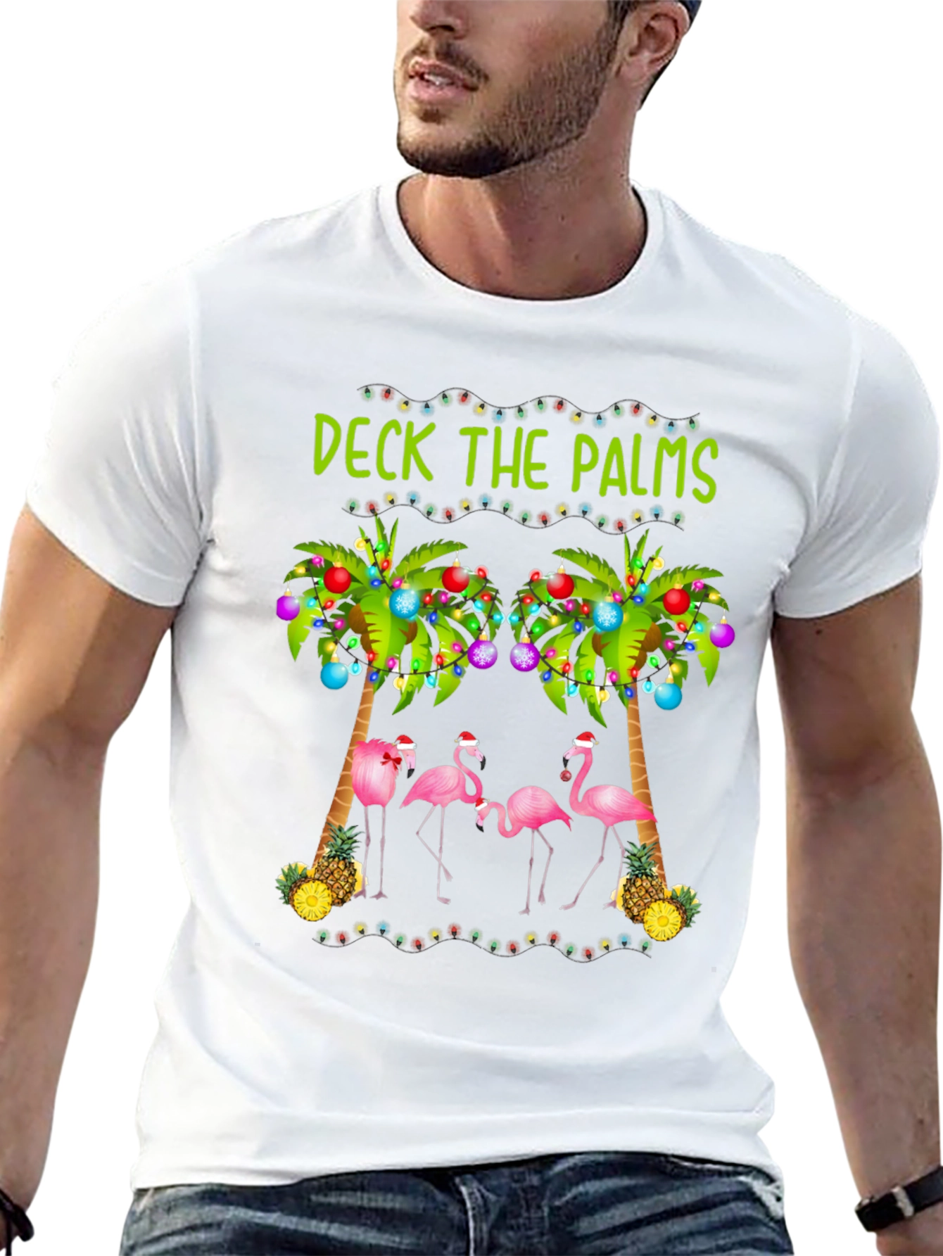 Deck the Palms Holiday T-Shirt with Flamingos